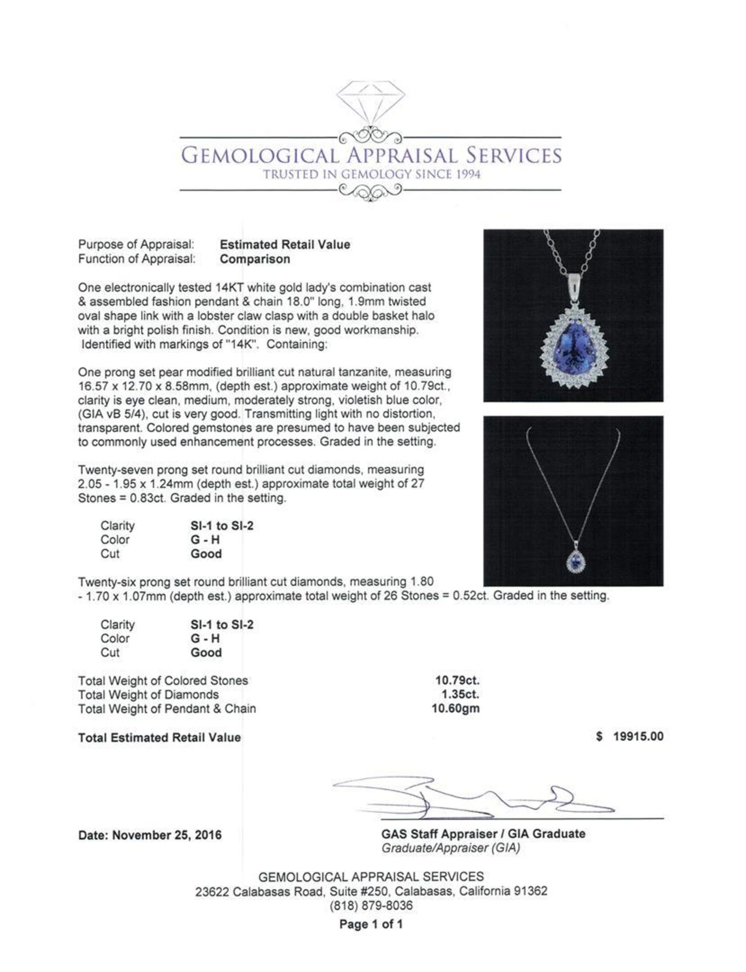10.79 ctw Tanzanite and Diamond Pendant With Chain - 14KT White Gold - Image 3 of 3