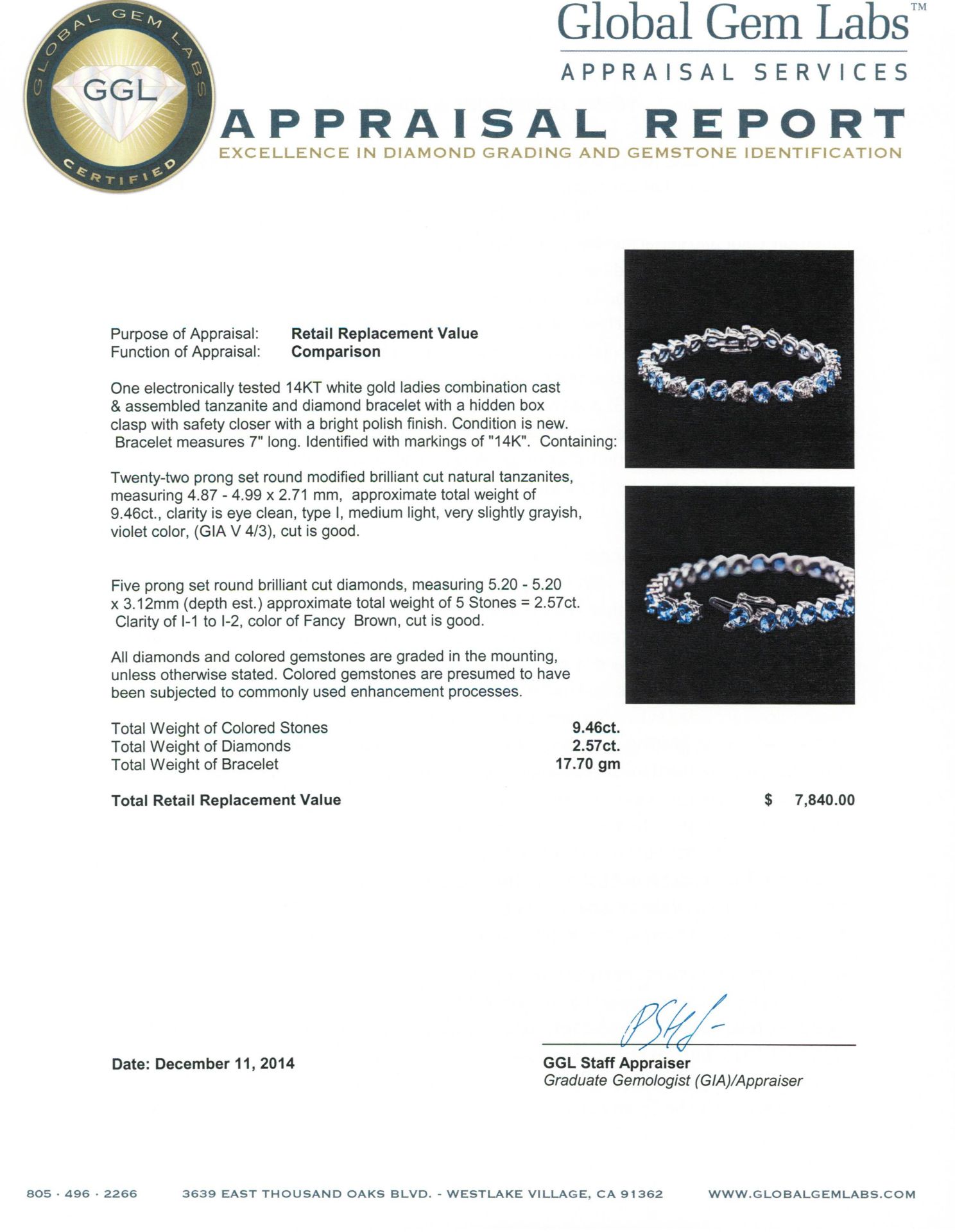 14KT White Gold 9.46 ctw Tanzanite and Diamond Bracelet - Image 4 of 4