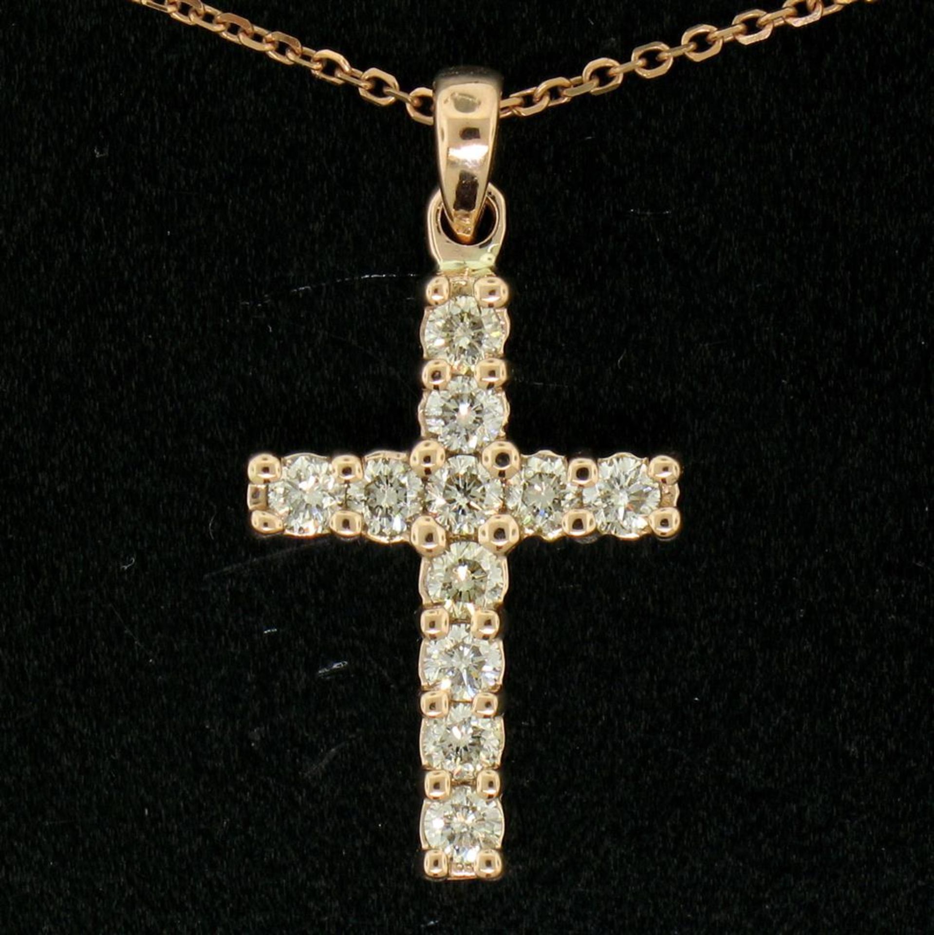 14k Rose Gold 0.75 ctw Round Brilliant Diamond Petite Cross Pendant w/ 16" Chain - Image 5 of 8