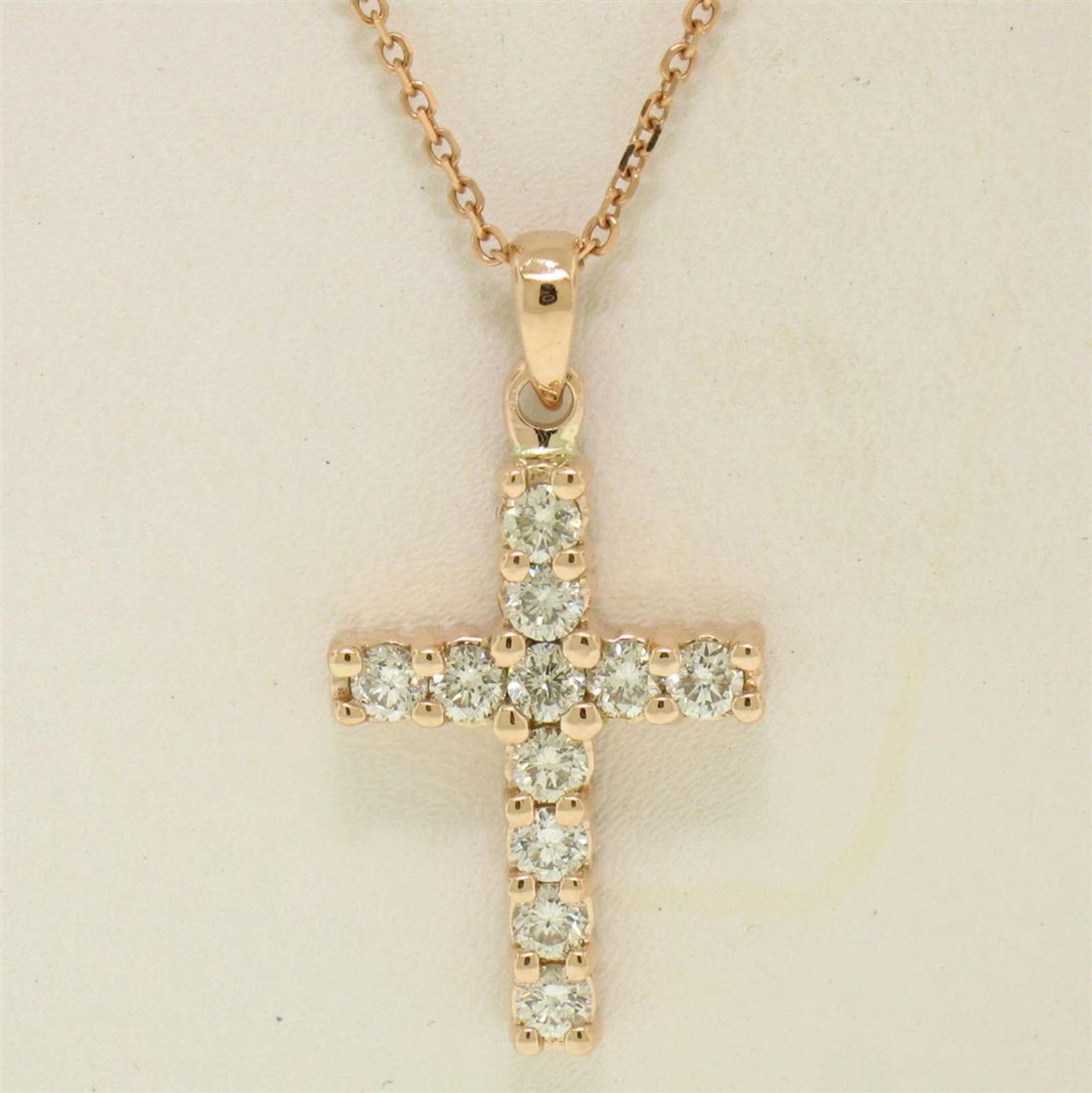 14k Rose Gold 0.75 ctw Round Brilliant Diamond Petite Cross Pendant w/ 16" Chain - Image 2 of 8