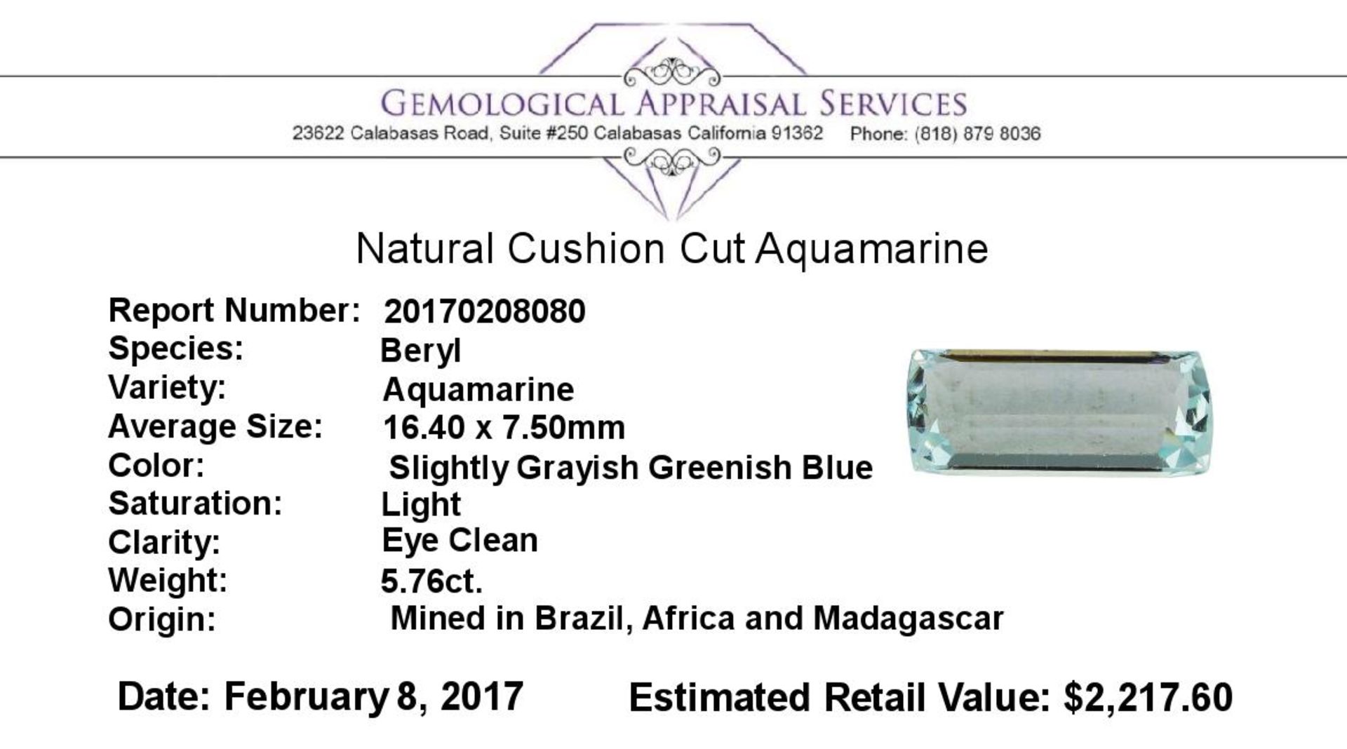 5.76ct.Natural Cushion Cut Aquamarine - Image 2 of 2