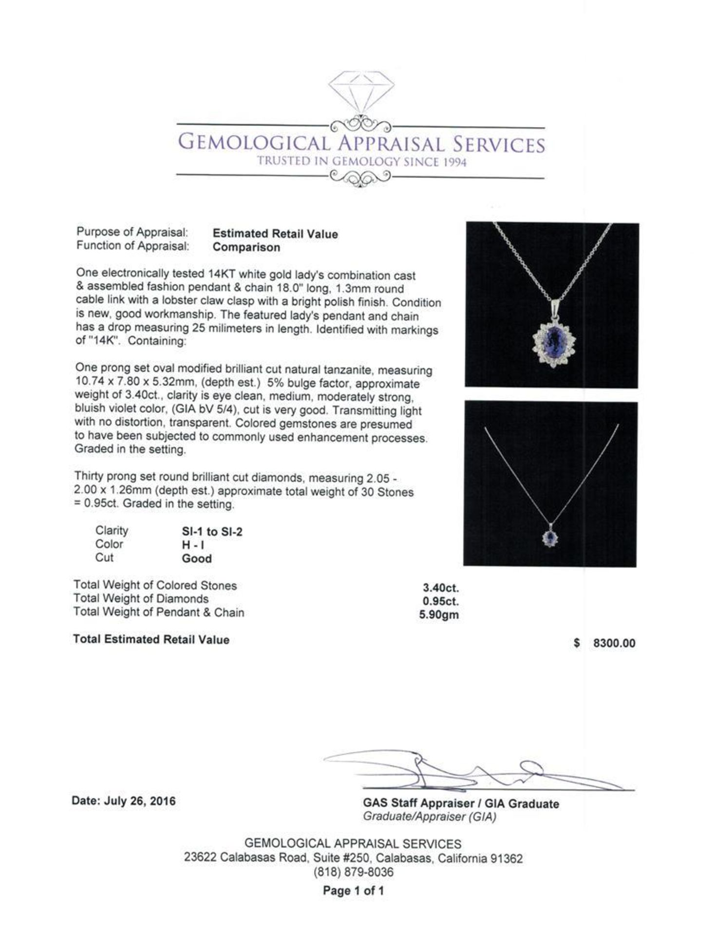 3.40 ctw Tanzanite and Diamond Pendant With Chain - 14KT White Gold - Image 3 of 3