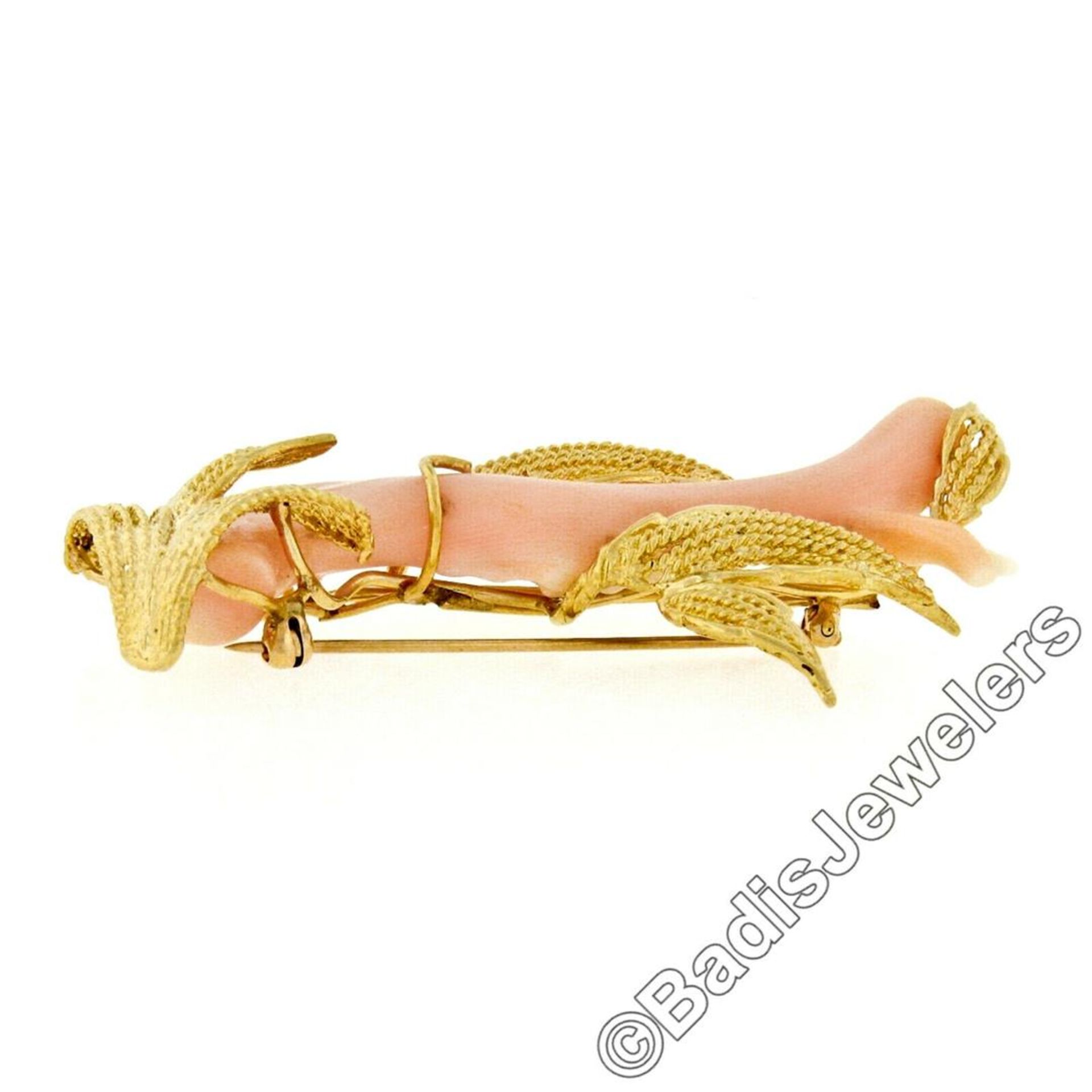 Vintage 14kt Yellow Gold Large Natural Angel Skin Coral Branch & Leaf Brooch - Image 3 of 5