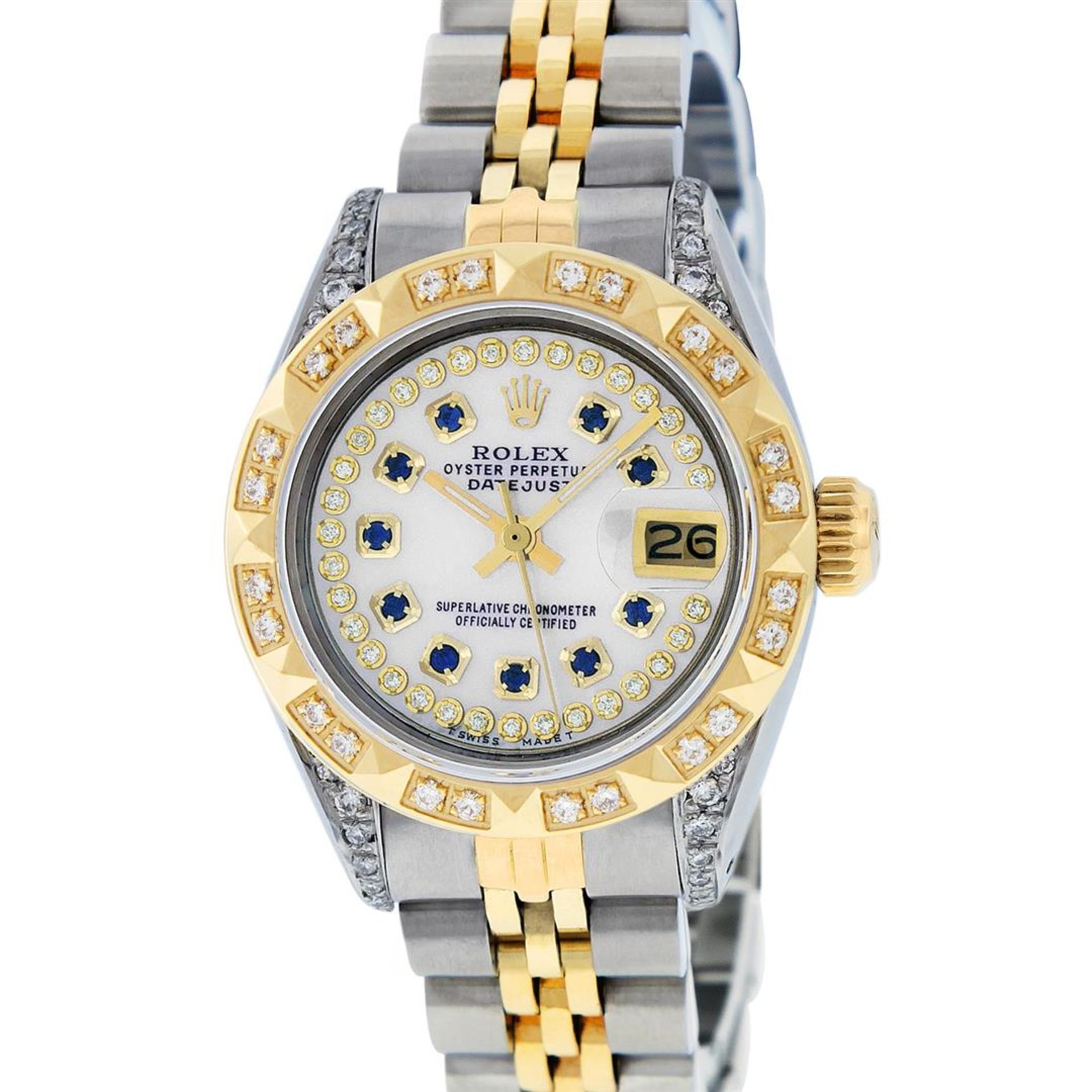 Rolex Ladies 26 Yellow Gold And Stainless Steel MOP Sapphire Lugs Oyster Perpetu - Image 2 of 7