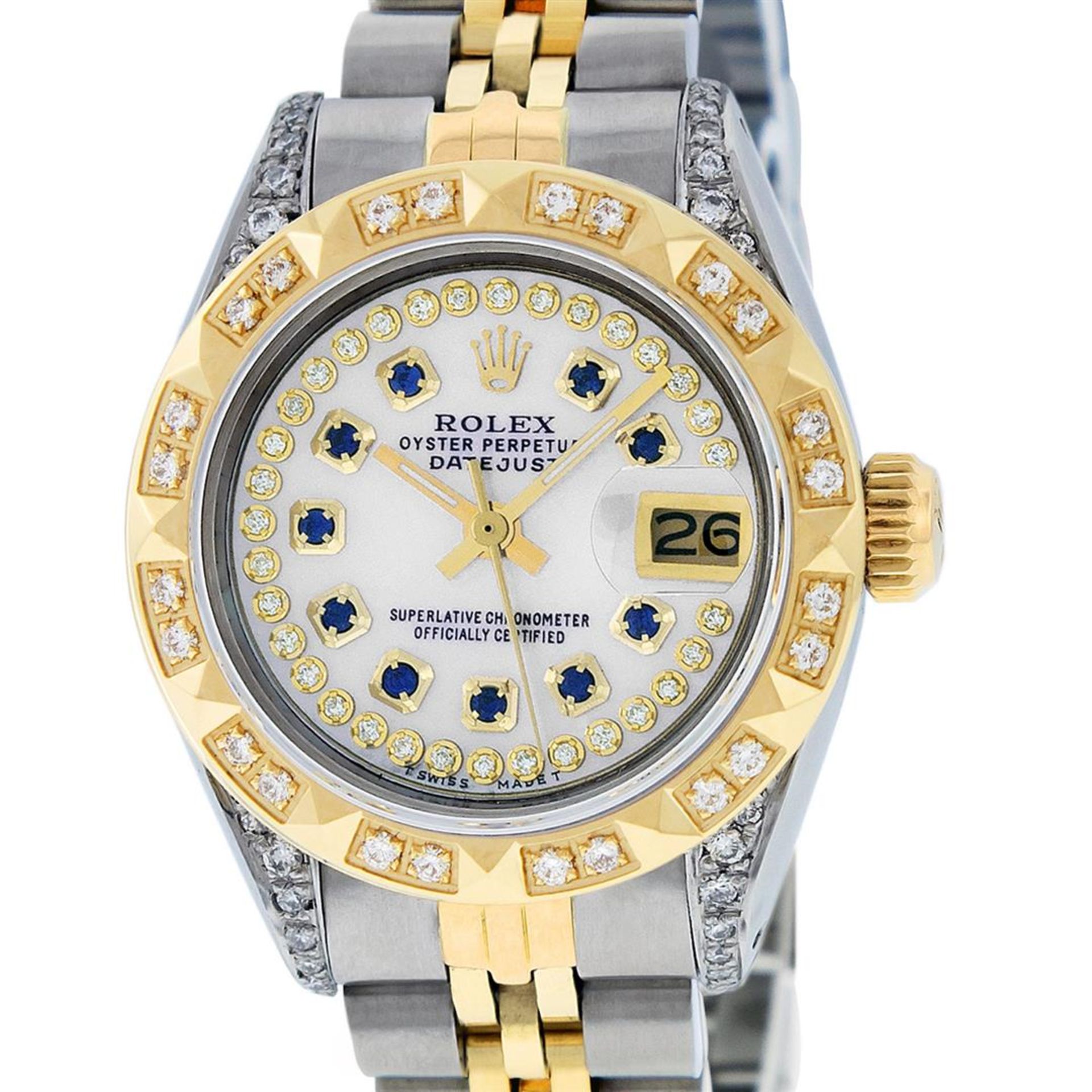 Rolex Ladies 26 Yellow Gold And Stainless Steel MOP Sapphire Lugs Oyster Perpetu