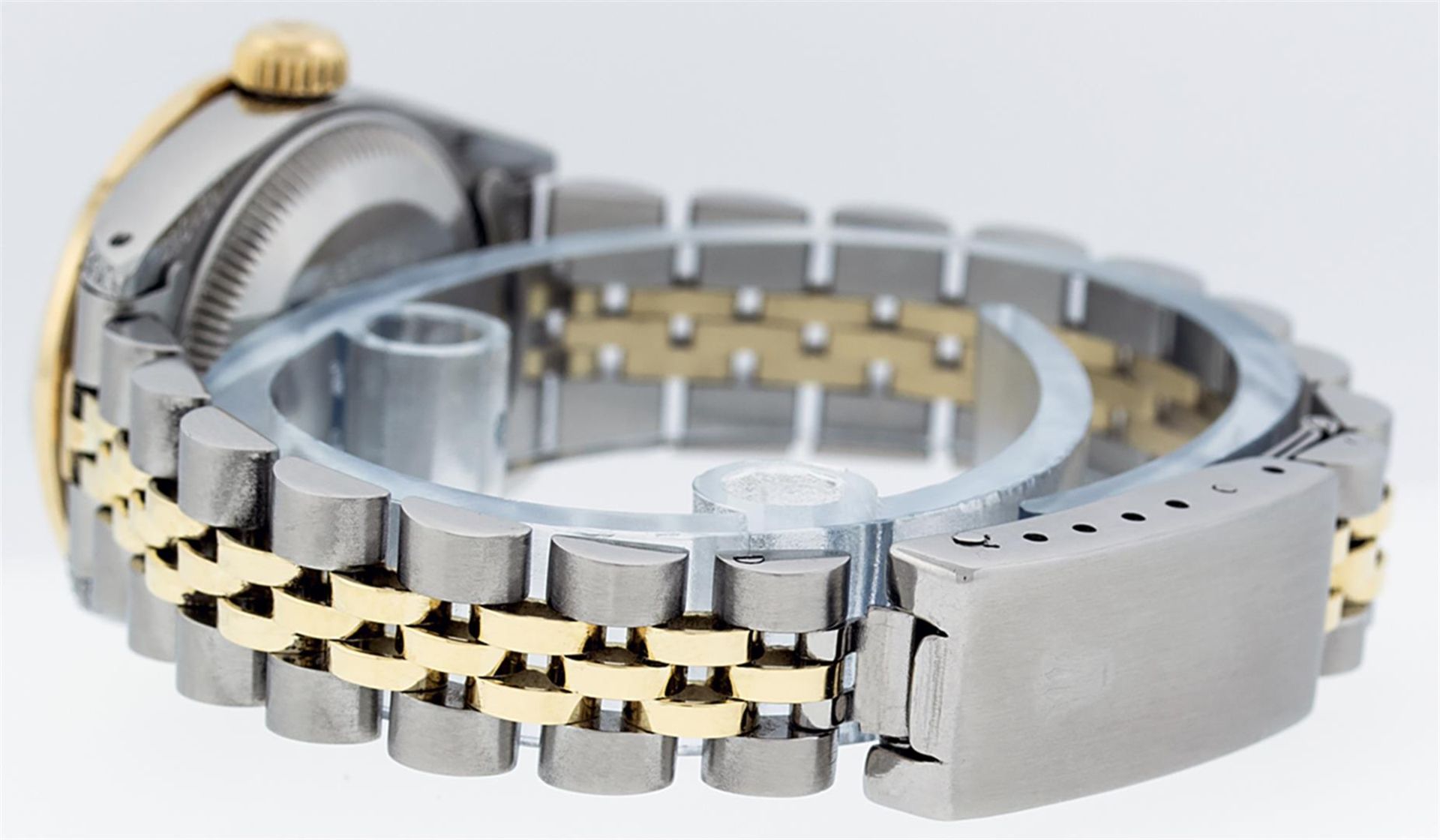 Rolex Ladies 26 Yellow Gold And Stainless Steel MOP Sapphire Lugs Oyster Perpetu - Image 7 of 7