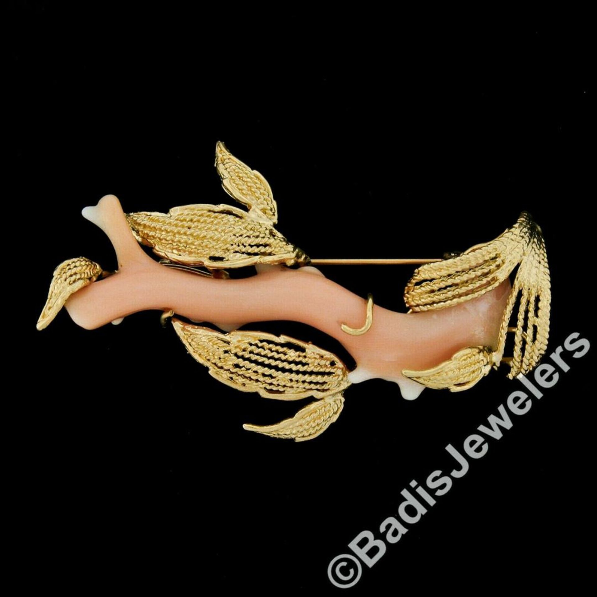 Vintage 14kt Yellow Gold Large Natural Angel Skin Coral Branch & Leaf Brooch - Image 2 of 5