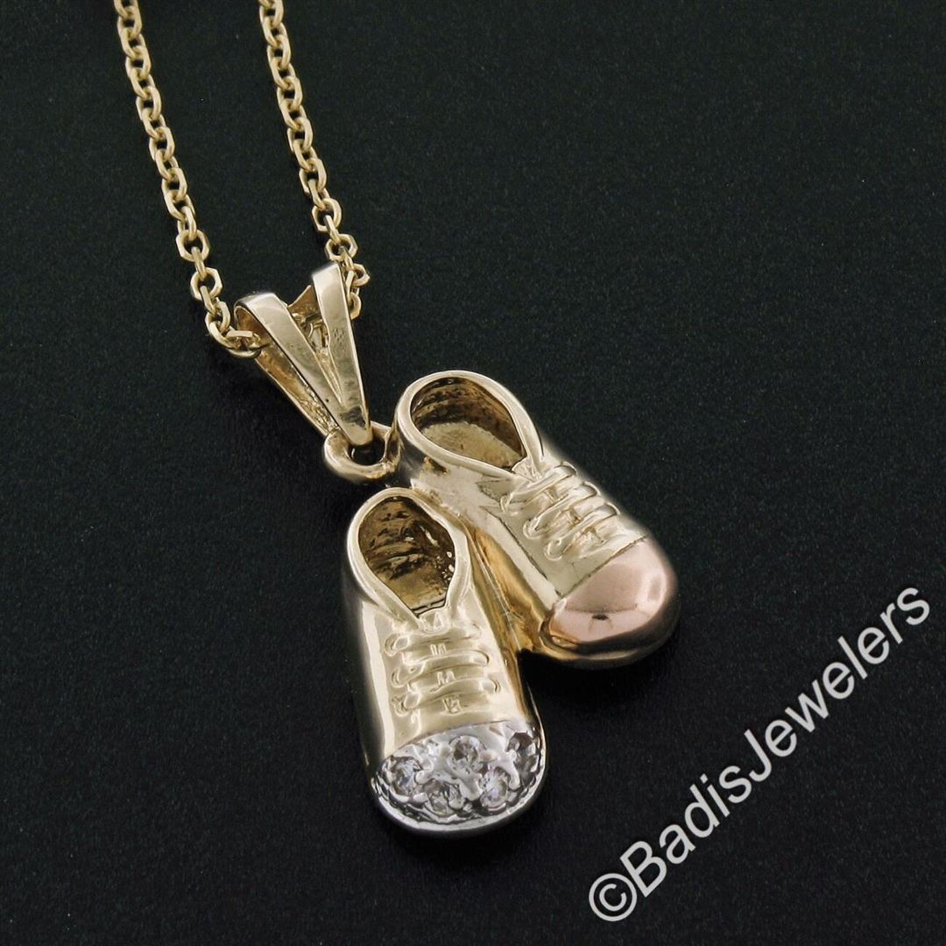 14kt Yellow White and Rose Gold Dual Baby Shoe Pendant Necklace w/ 5 Round Diamo - Image 3 of 8