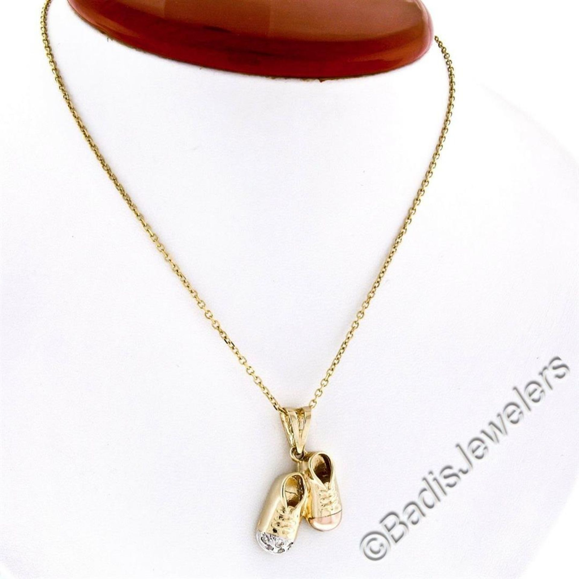 14kt Yellow White and Rose Gold Dual Baby Shoe Pendant Necklace w/ 5 Round Diamo - Image 2 of 8