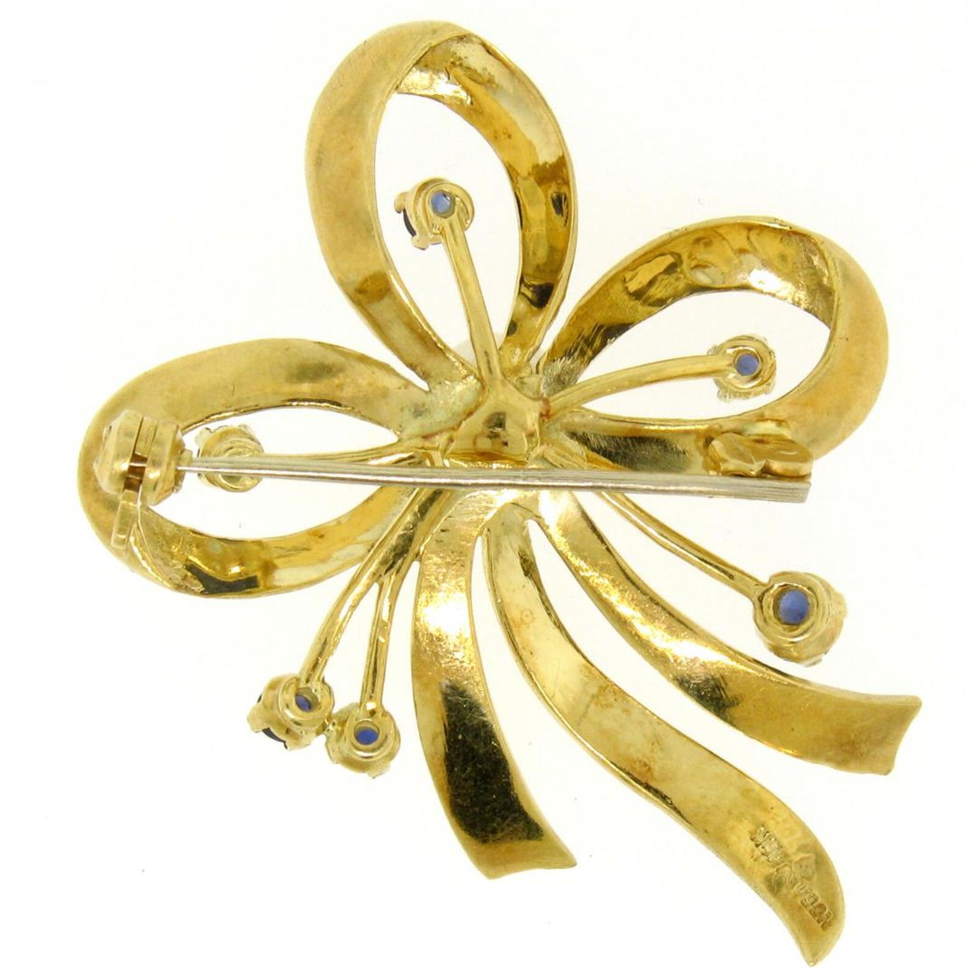 18k Yellow Gold Multi Ribbon Sapphire and Pearl Elegant Pin Brooch - Image 3 of 6