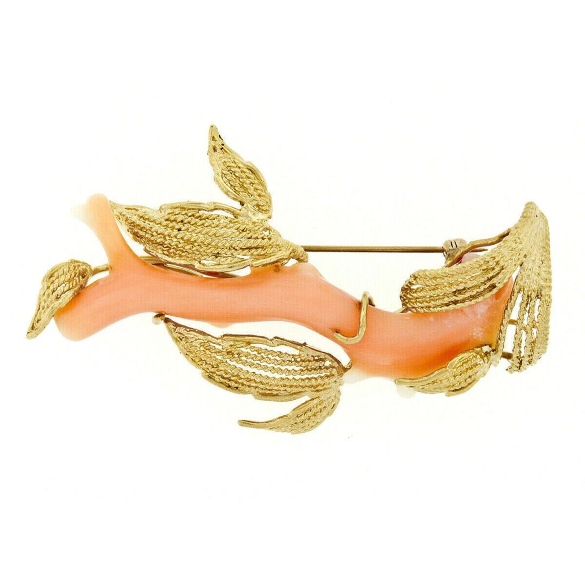 Vintage 14kt Yellow Gold Large Natural Angel Skin Coral Branch & Leaf Brooch