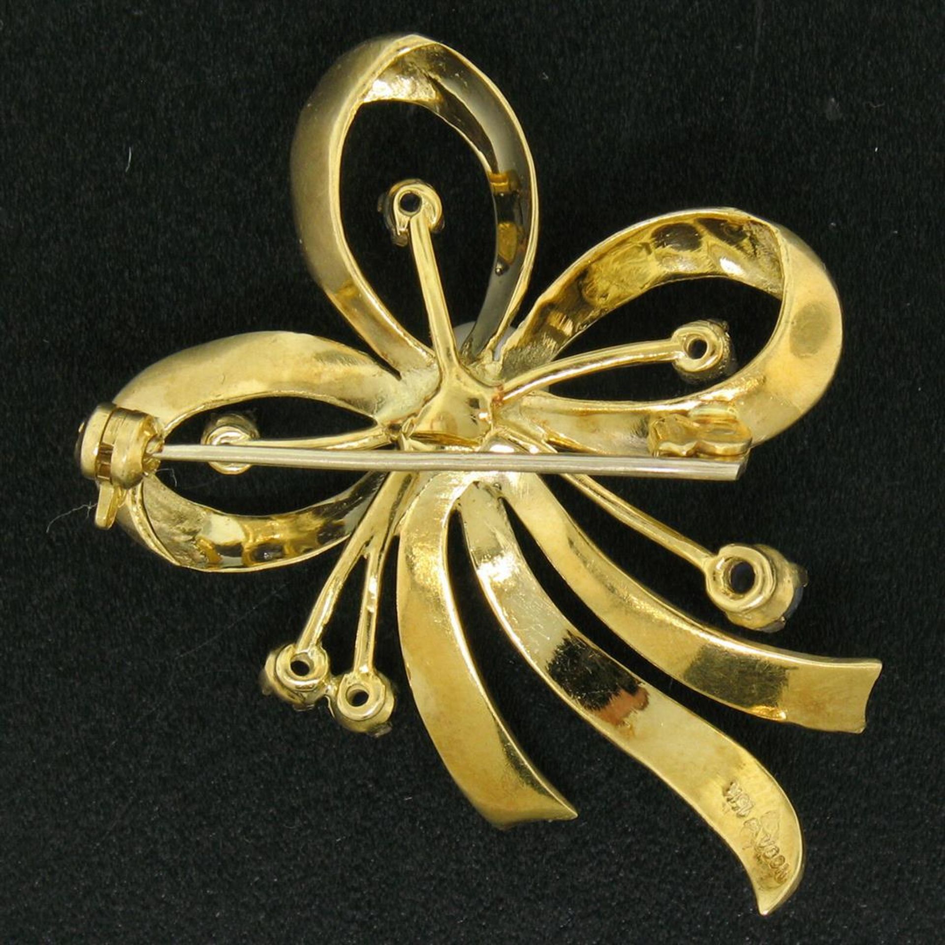 18k Yellow Gold Multi Ribbon Sapphire and Pearl Elegant Pin Brooch - Image 4 of 6