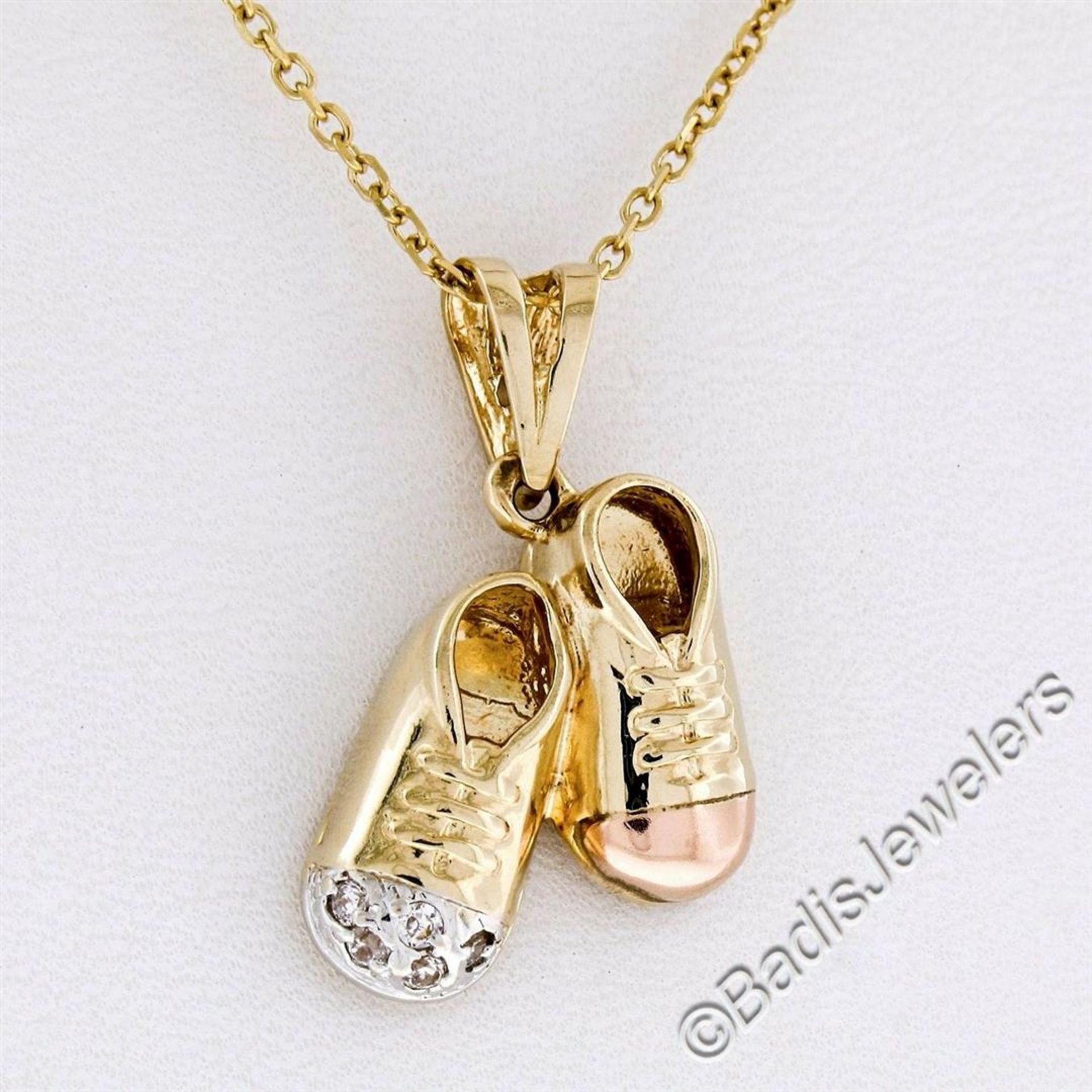 14kt Yellow White and Rose Gold Dual Baby Shoe Pendant Necklace w/ 5 Round Diamo