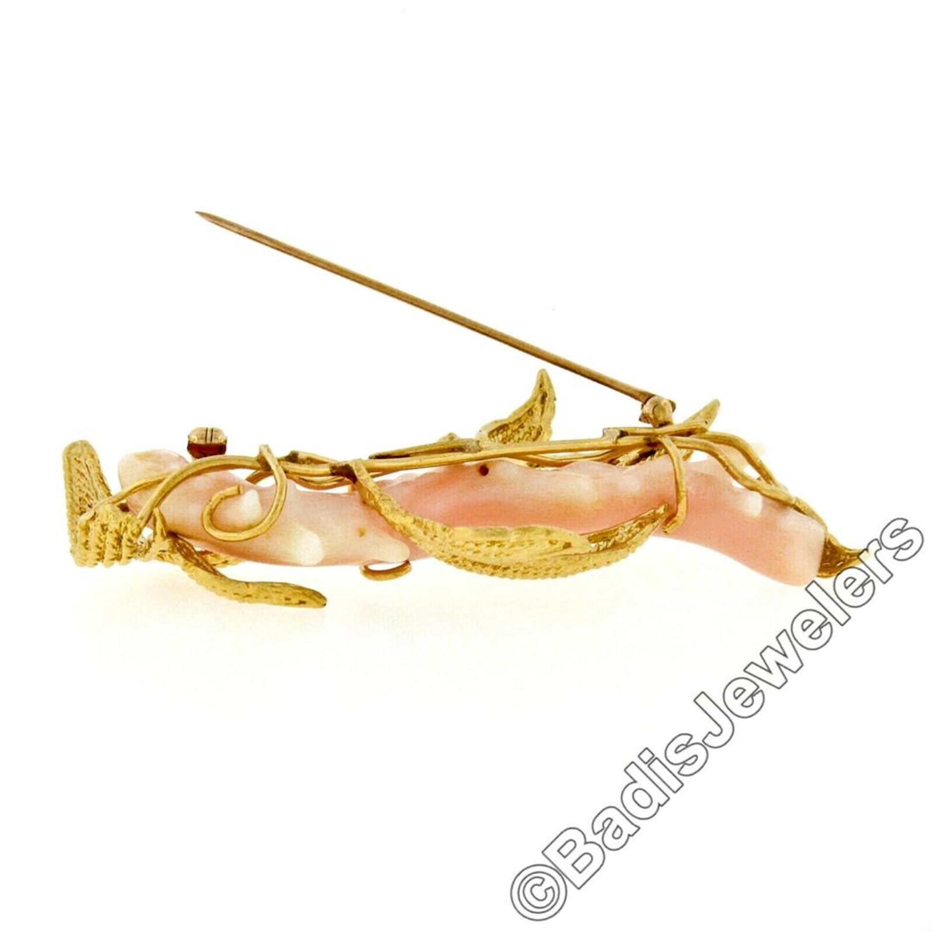 Vintage 14kt Yellow Gold Large Natural Angel Skin Coral Branch & Leaf Brooch - Image 5 of 5