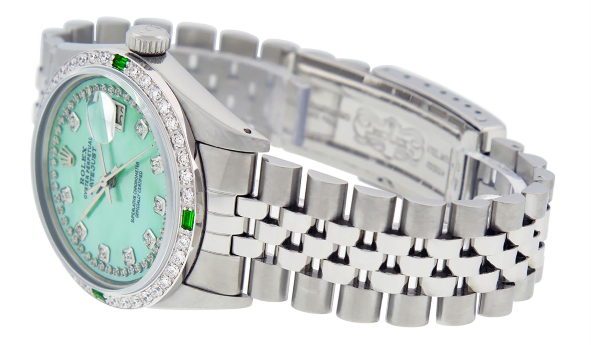 Rolex Mens Stainless Steel Green Mother Of Pearl Diamond Datejust Wristwatch - Image 9 of 9