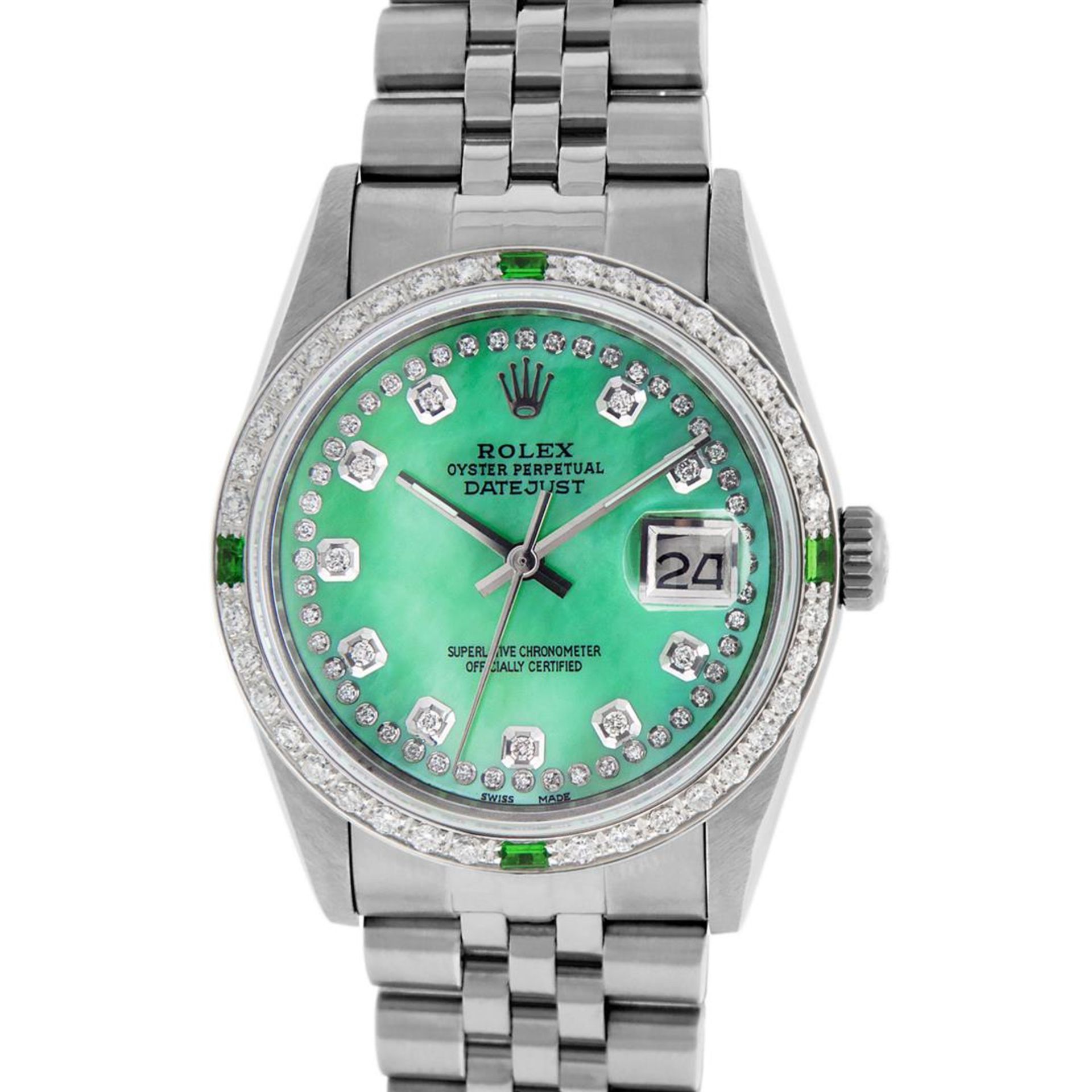 Rolex Mens Stainless Steel Green Mother Of Pearl Diamond Datejust Wristwatch - Image 3 of 9