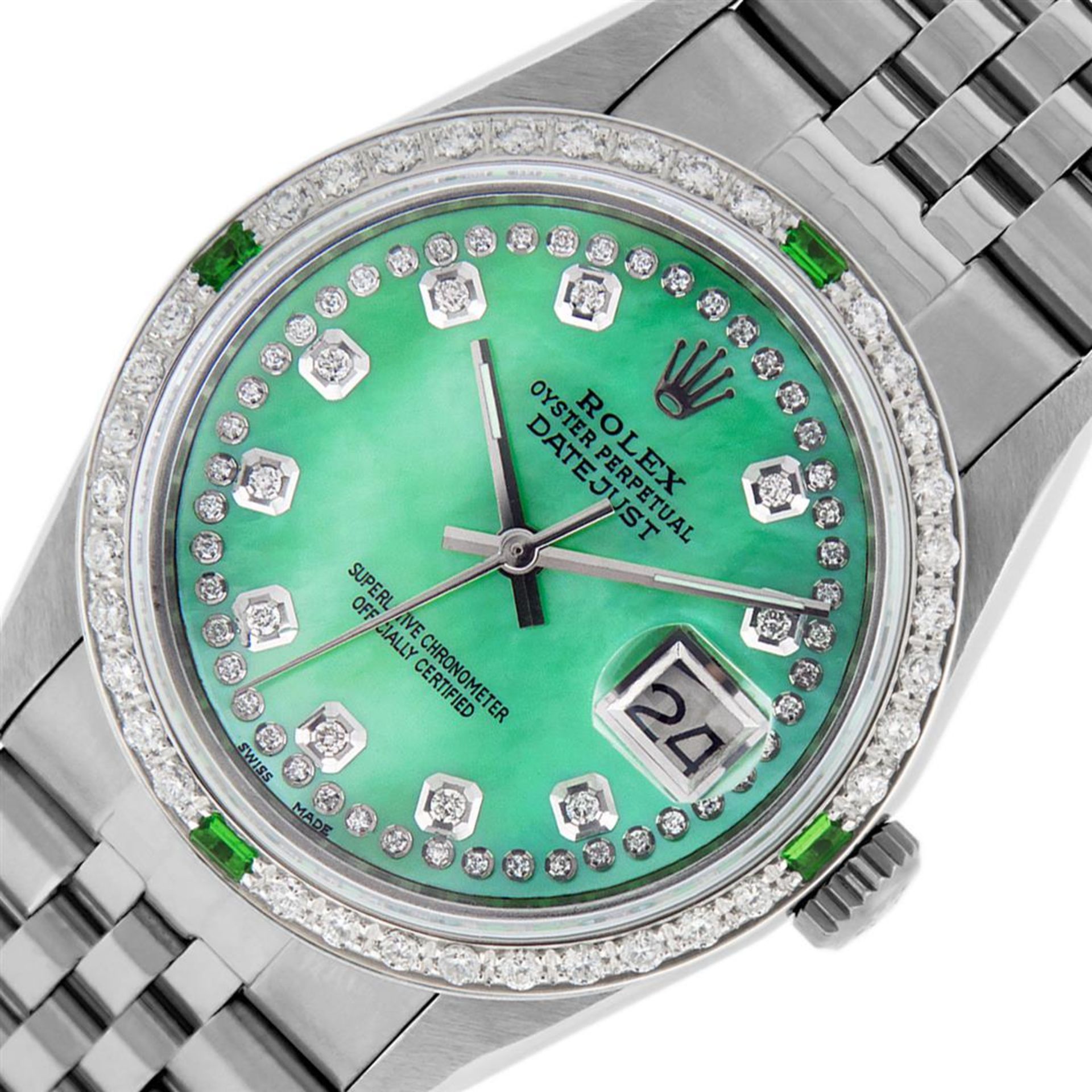 Rolex Mens Stainless Steel Green Mother Of Pearl Diamond Datejust Wristwatch - Image 2 of 9