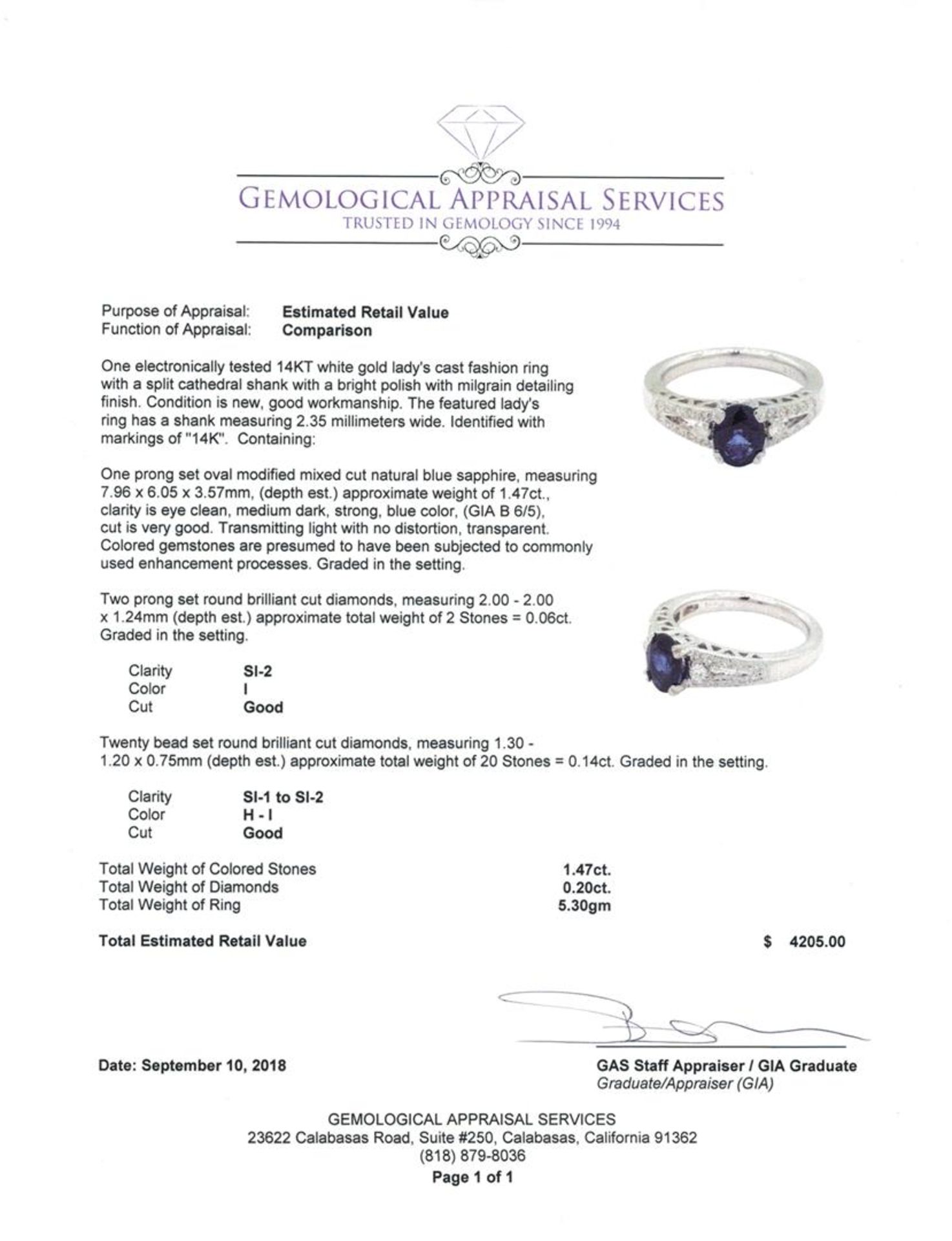 1.53 ctw Sapphire and Diamond Ring - 14KT White Gold - Image 5 of 5