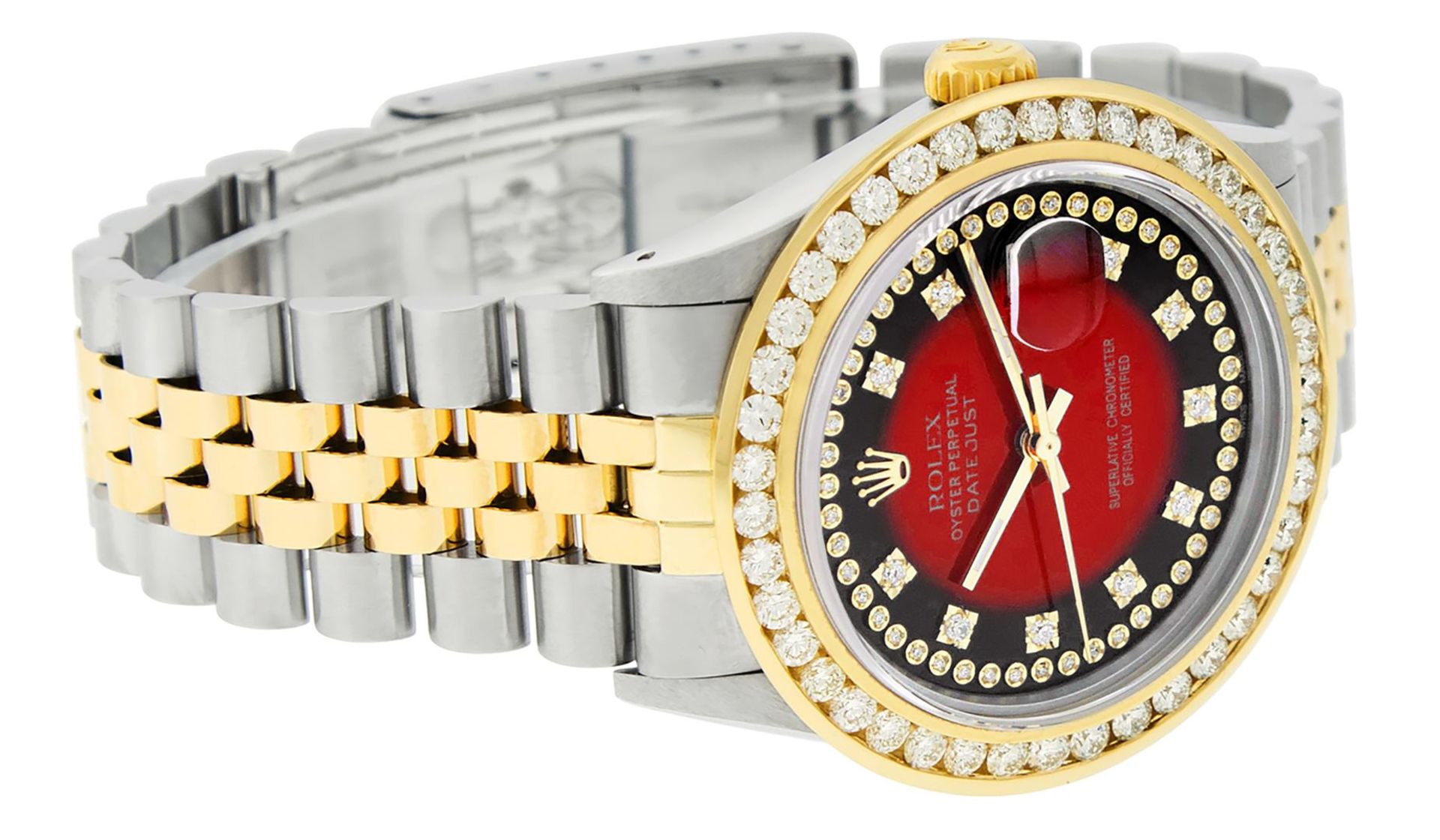 Rolex Mens 2 Tone Red Vignette String VS 3ctw Channel Set Diamond Datejust Wrist - Image 3 of 9