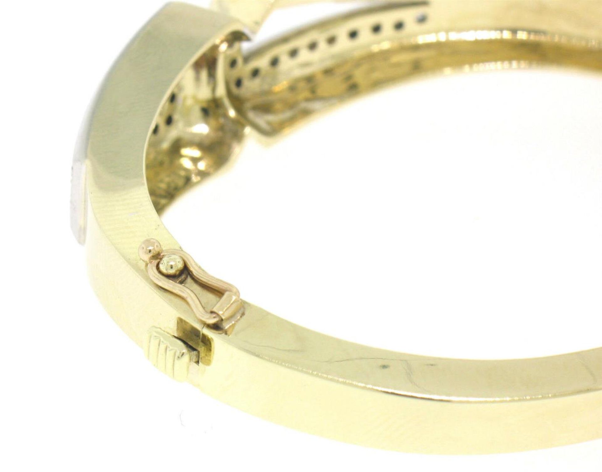 Estate 14K Solid Two Tone Gold Hinged Open Bangle Bracelet with Pave Diamonds - Image 8 of 8