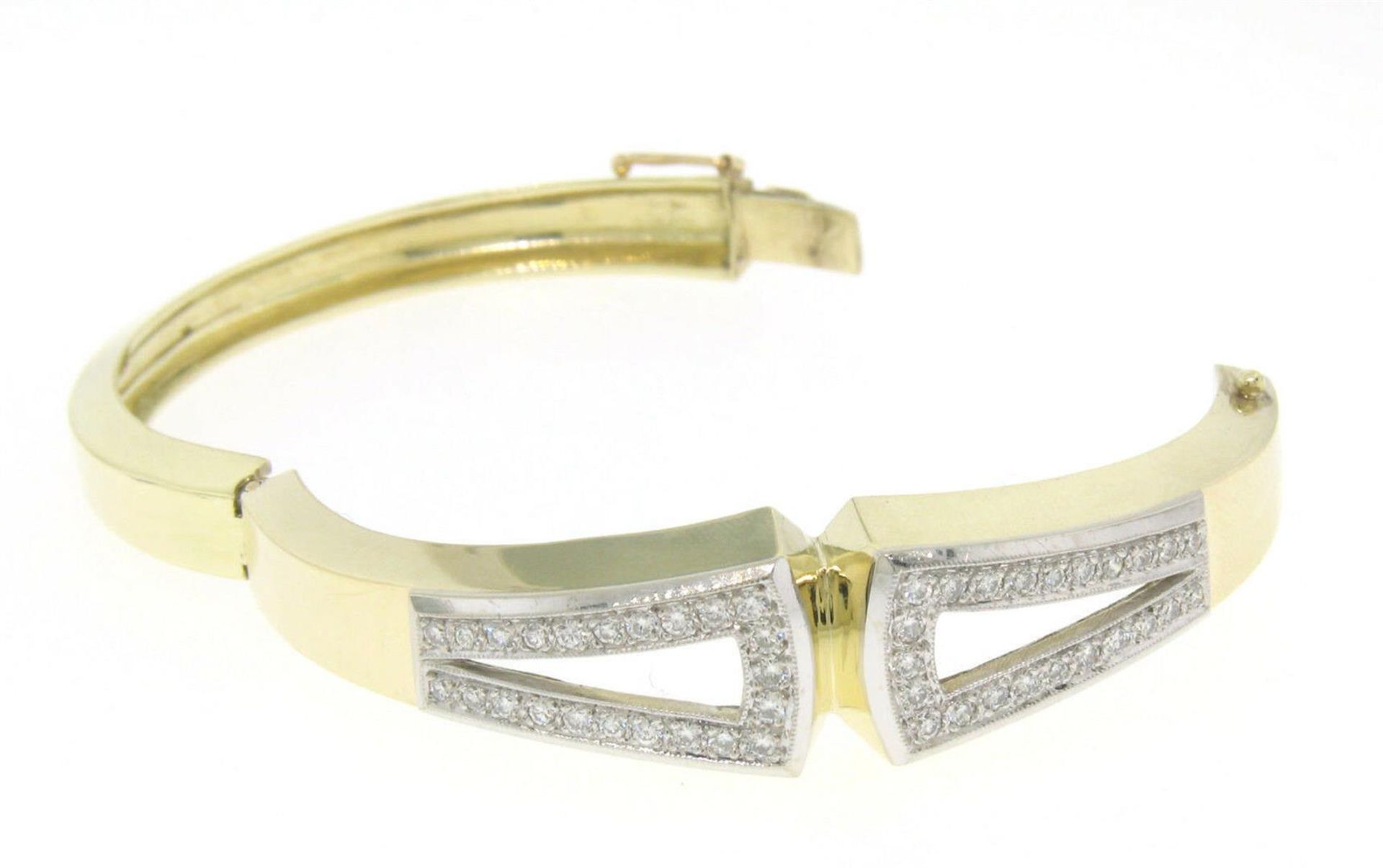 Estate 14K Solid Two Tone Gold Hinged Open Bangle Bracelet with Pave Diamonds - Image 5 of 8