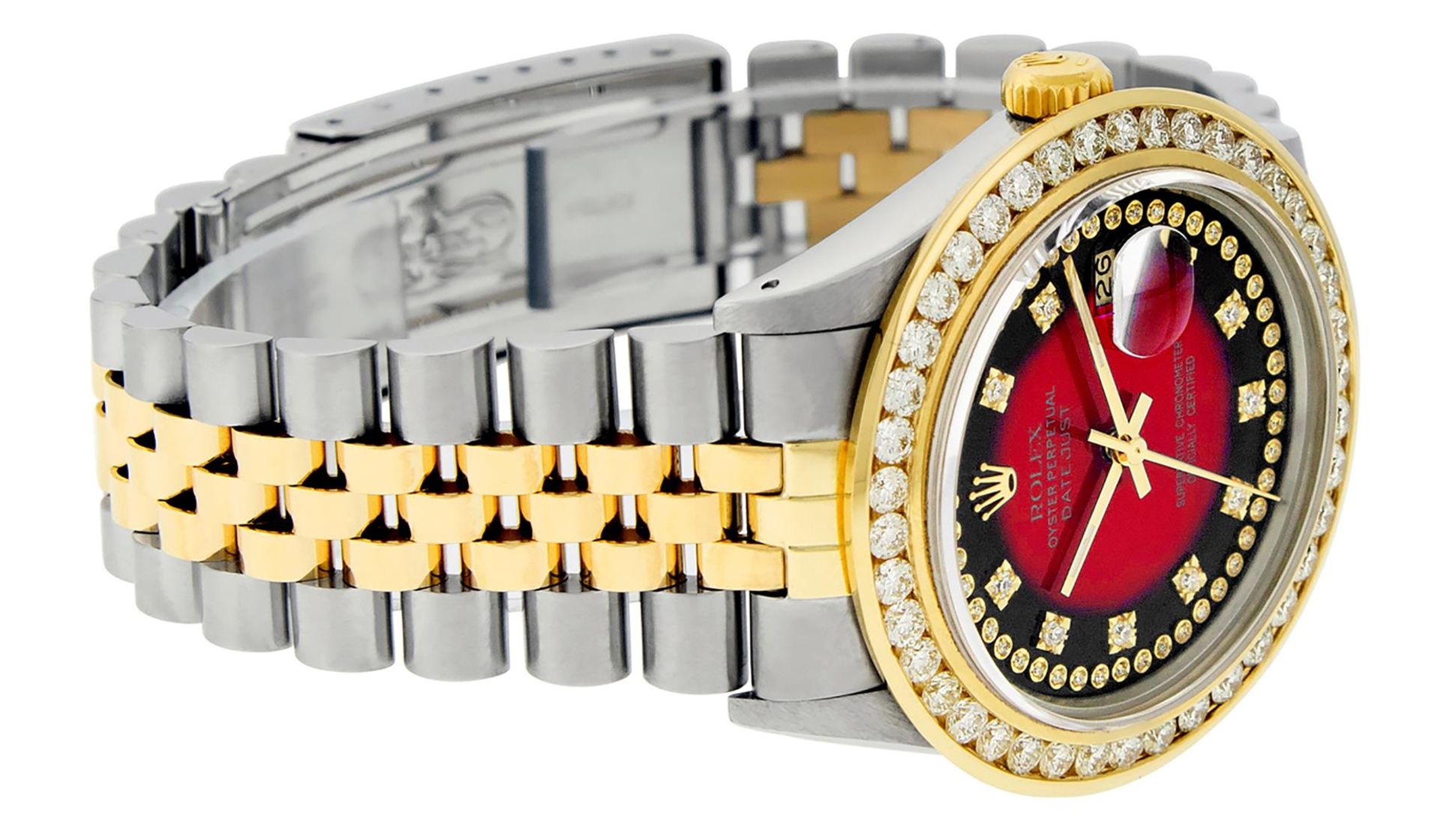 Rolex Mens 2 Tone Red Vignette String VS 3ctw Channel Set Diamond Datejust Wrist - Image 4 of 9