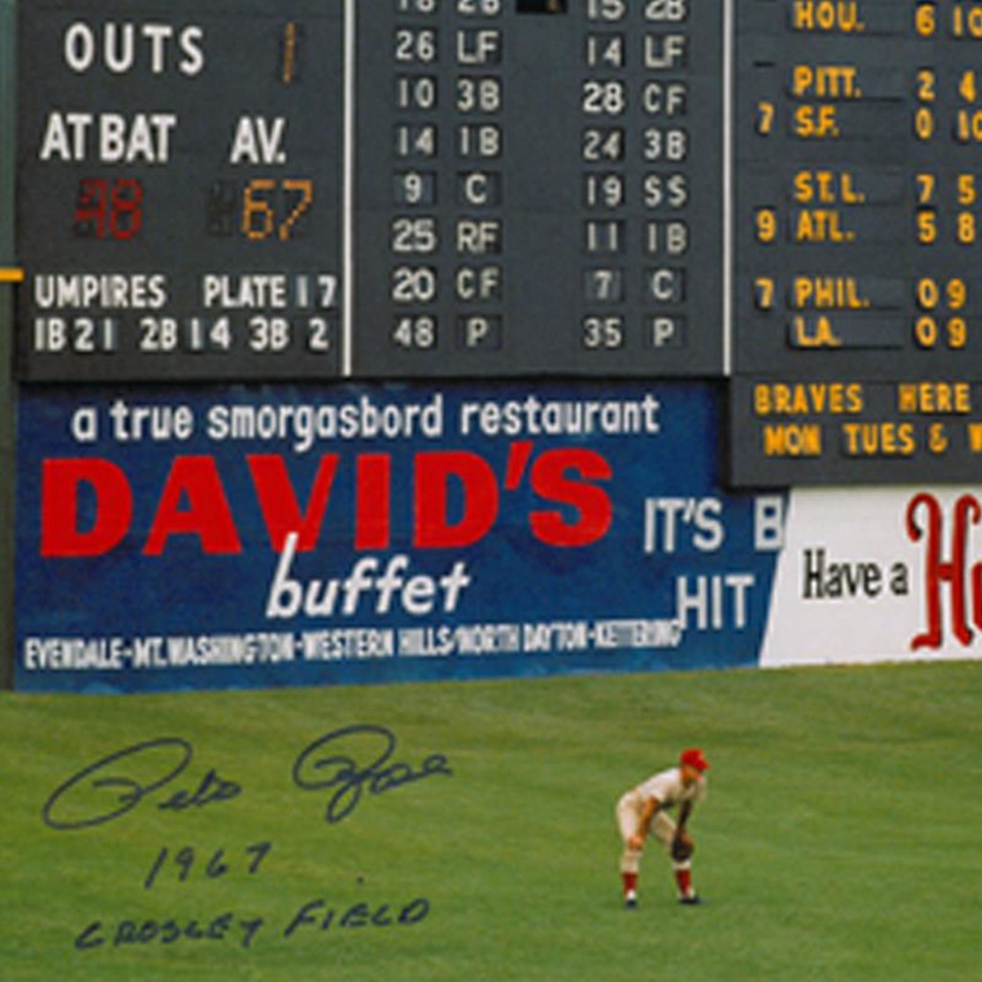 "Rose in Outfield at Crosley" Framed Archival Photograph Featuring Pete Rose Tak - Image 2 of 2