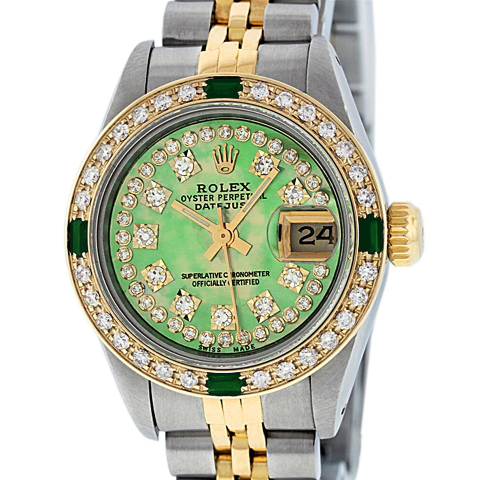 Rolex Ladies 26 Green String Diamond & Emerald Datejust Oyster Perpetual