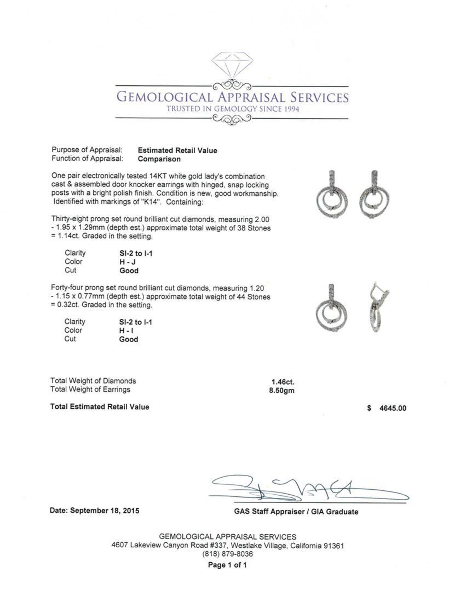 1.46 ctw Diamond Earrings - 14KT White Gold - Image 3 of 3