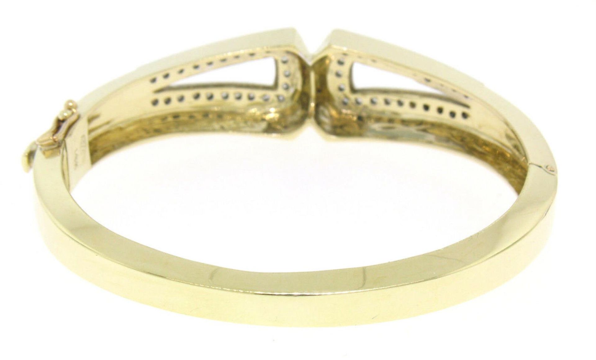 Estate 14K Solid Two Tone Gold Hinged Open Bangle Bracelet with Pave Diamonds - Image 4 of 8