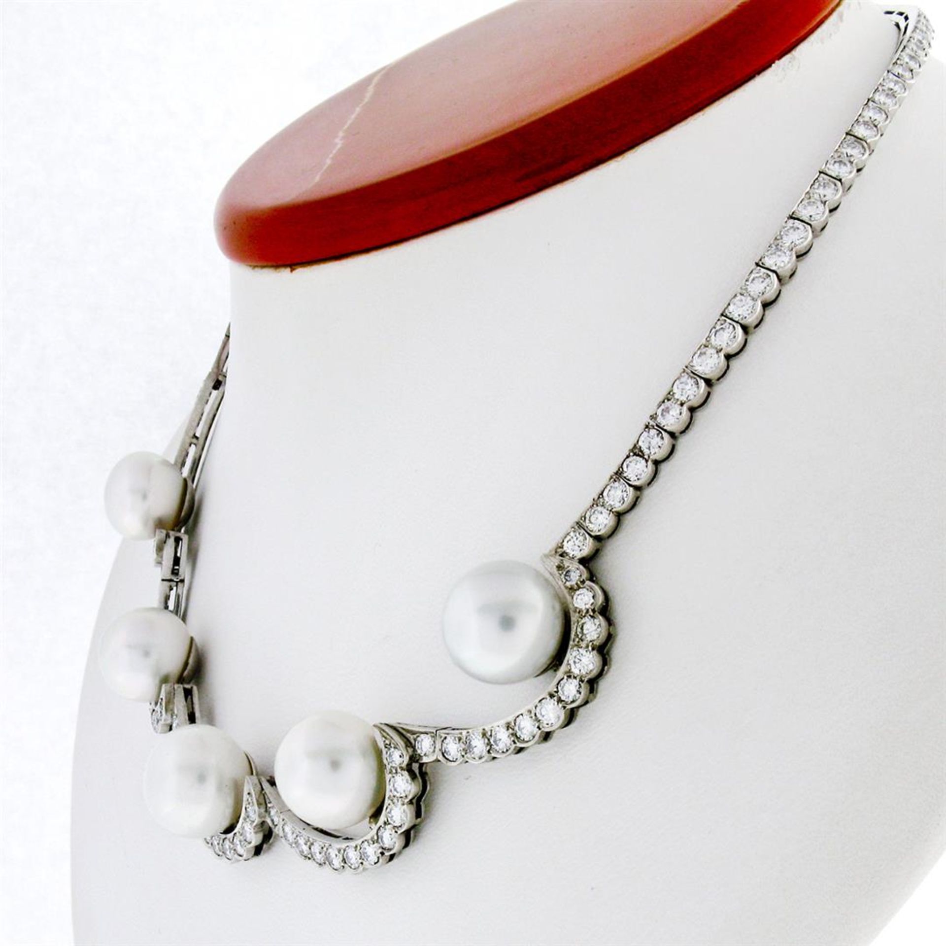 Platinum 10.25ctw Diamond & Floating South Sea Pearl Statement Necklace - Image 4 of 9