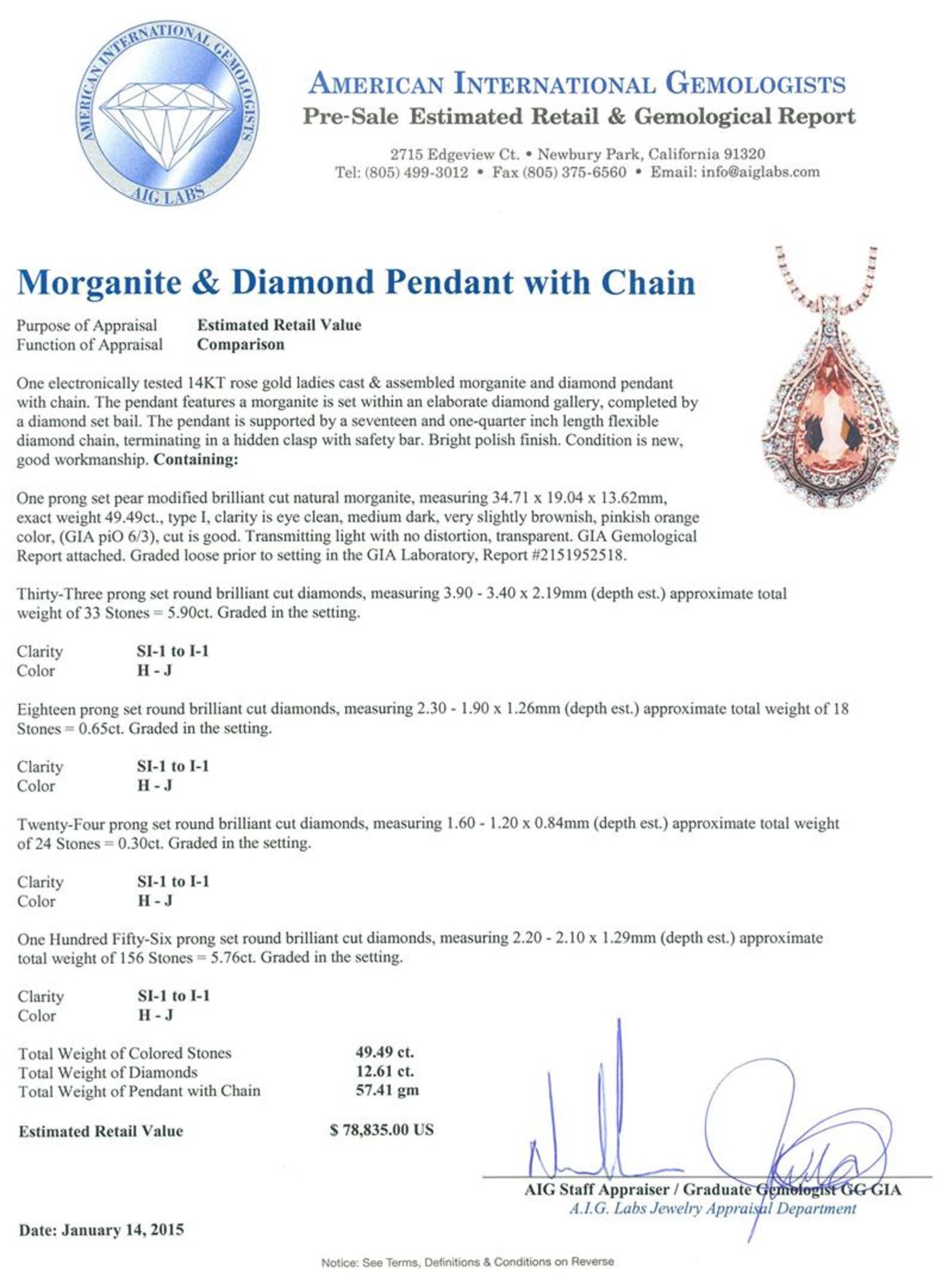 14KT Rose Gold GIA Certified 49.49ct Morganite and Diamond Pendant With Chain - Image 3 of 4