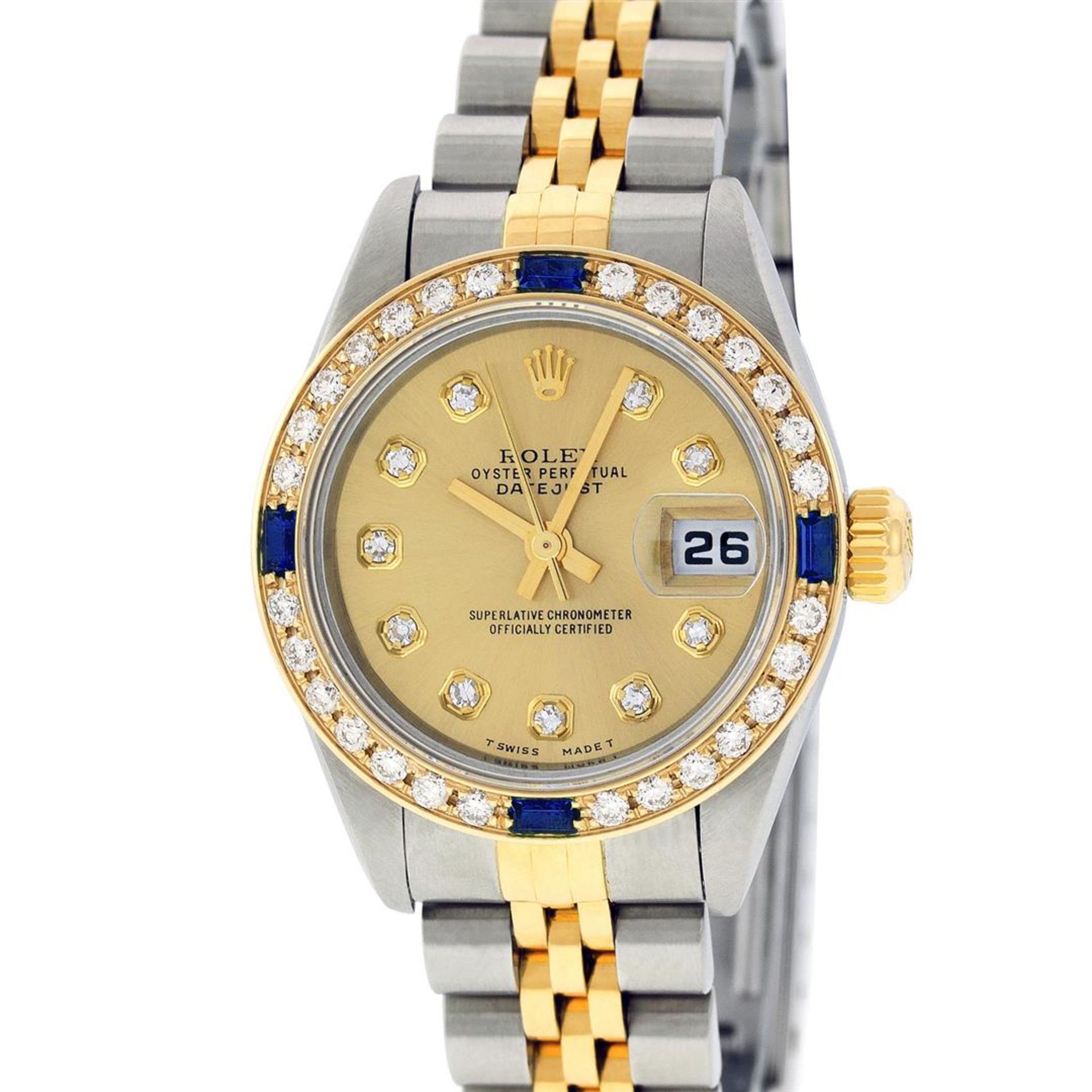 Rolex Ladies Quickset 2 Tone Champagne Diamond & Sapphire Datejust Wristwatch 26 - Image 2 of 9