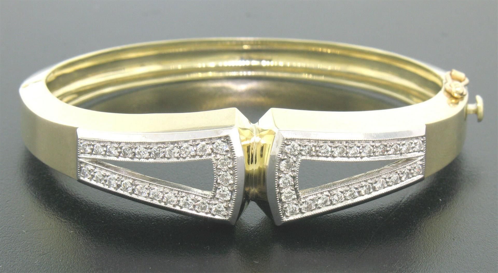 Estate 14K Solid Two Tone Gold Hinged Open Bangle Bracelet with Pave Diamonds - Image 3 of 8