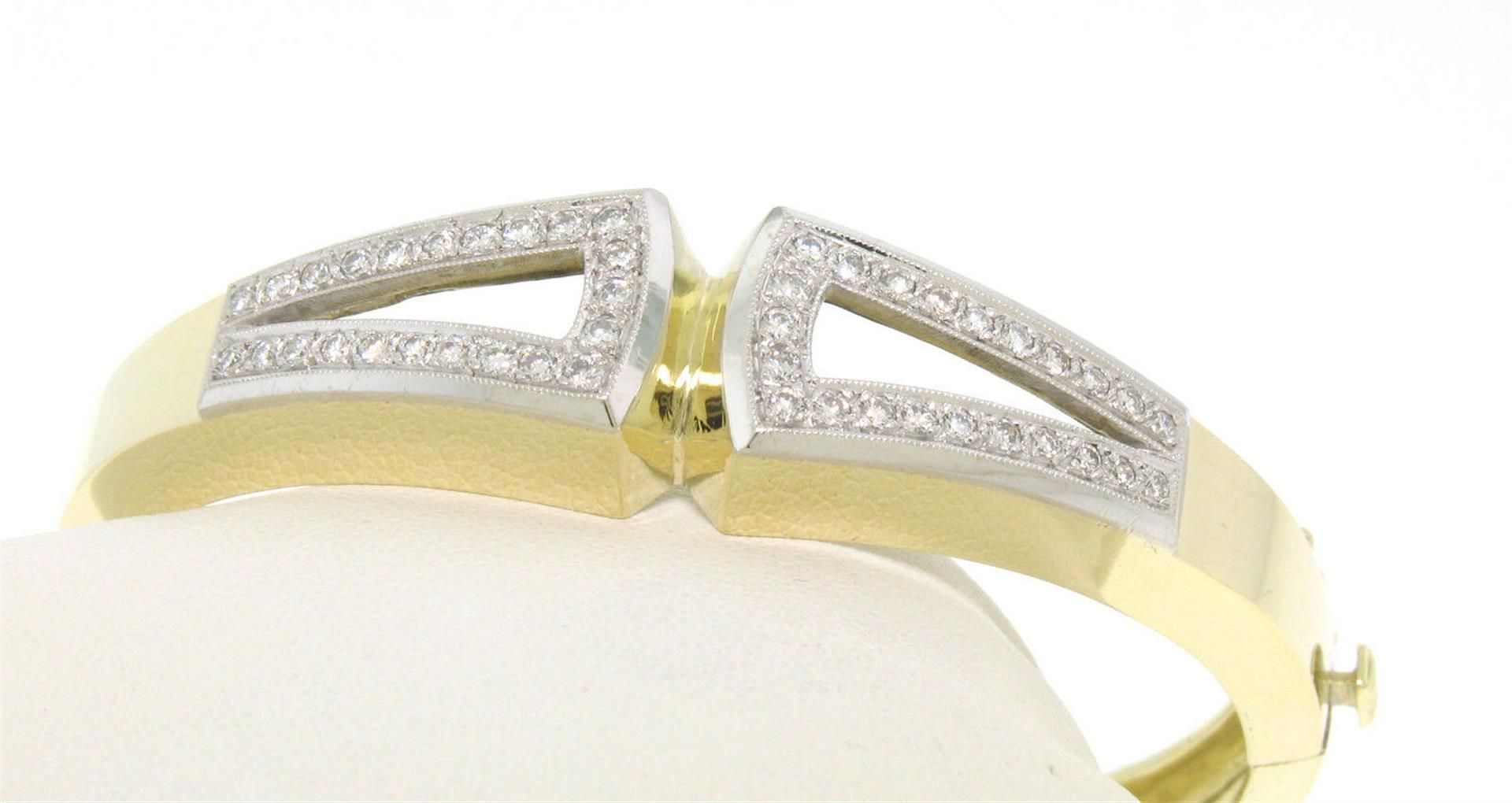 Estate 14K Solid Two Tone Gold Hinged Open Bangle Bracelet with Pave Diamonds - Image 2 of 8