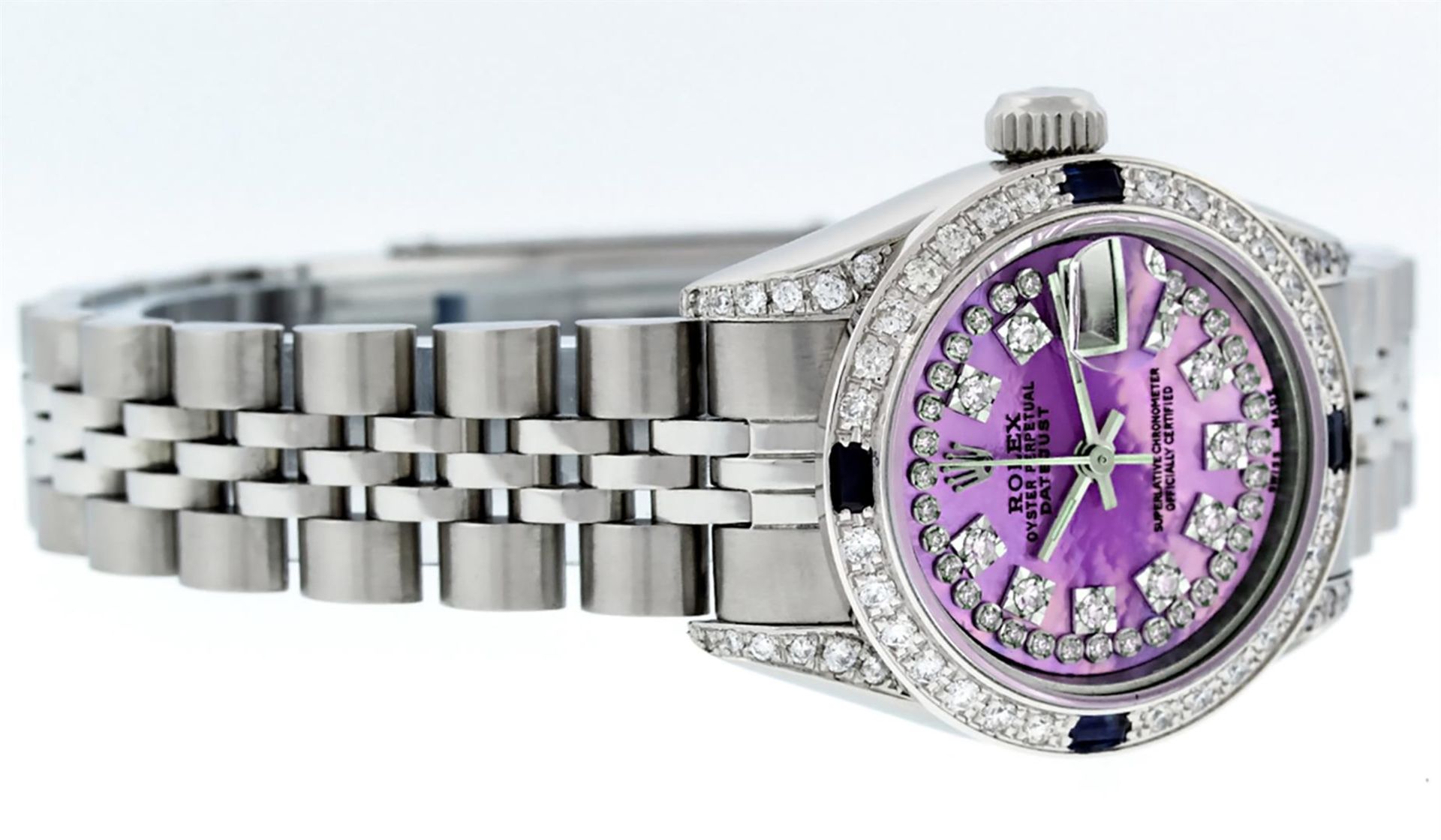 Rolex Ladies 26 Quickset Datejust Purple String Diamond Lugs And Sapphire Dateju - Image 3 of 9
