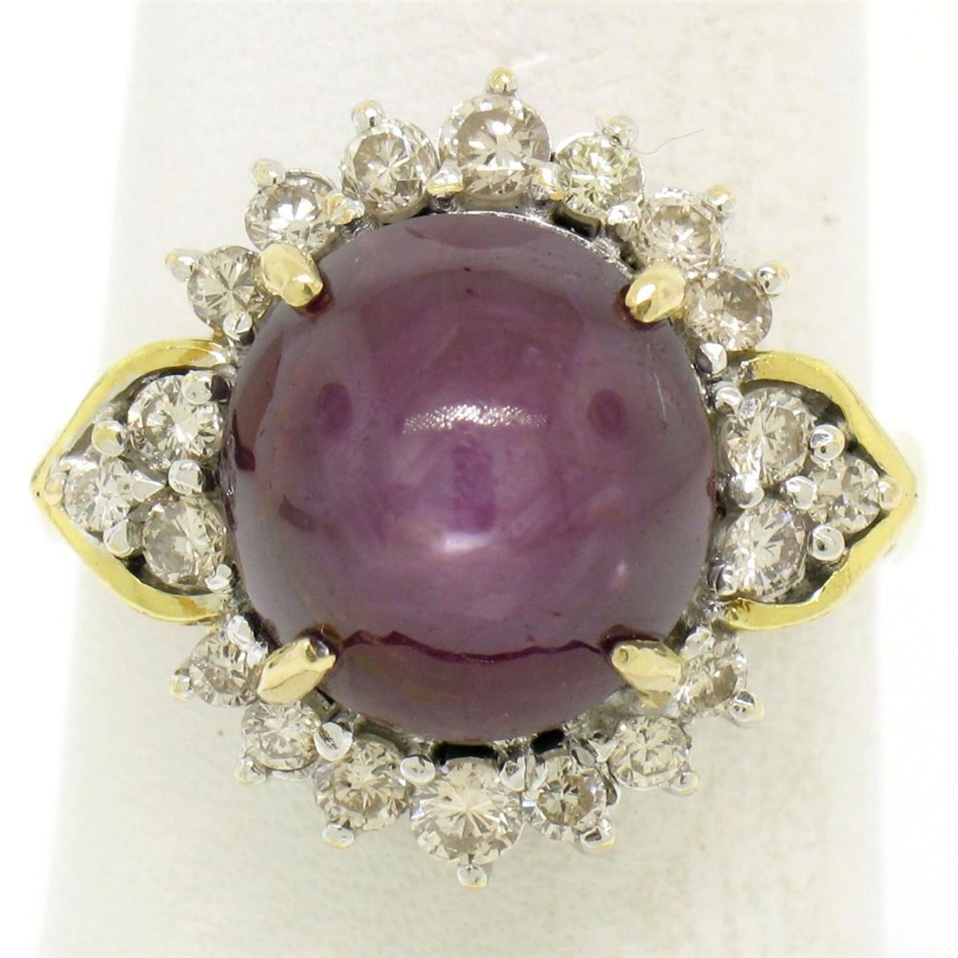 14K Two Tone Gold 11.60ctw Cabochon Star Ruby & Champagne Diamond Cocktail Ring