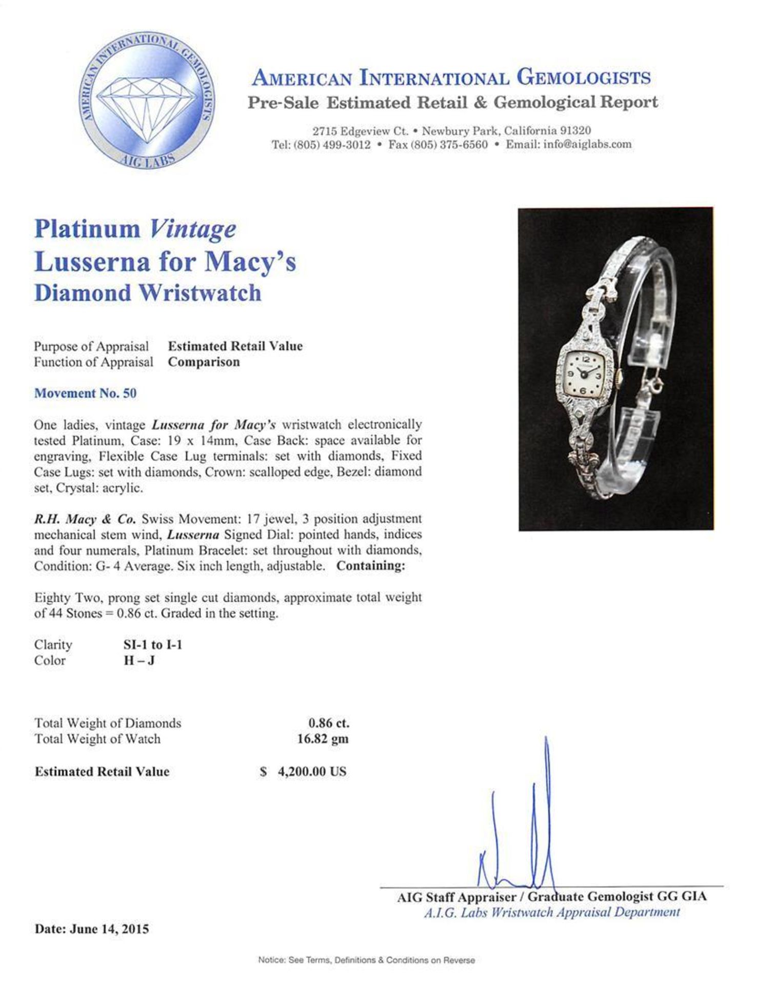Lusserna for Macy's Platinum Diamond Vintage Ladies Watch - Image 5 of 5