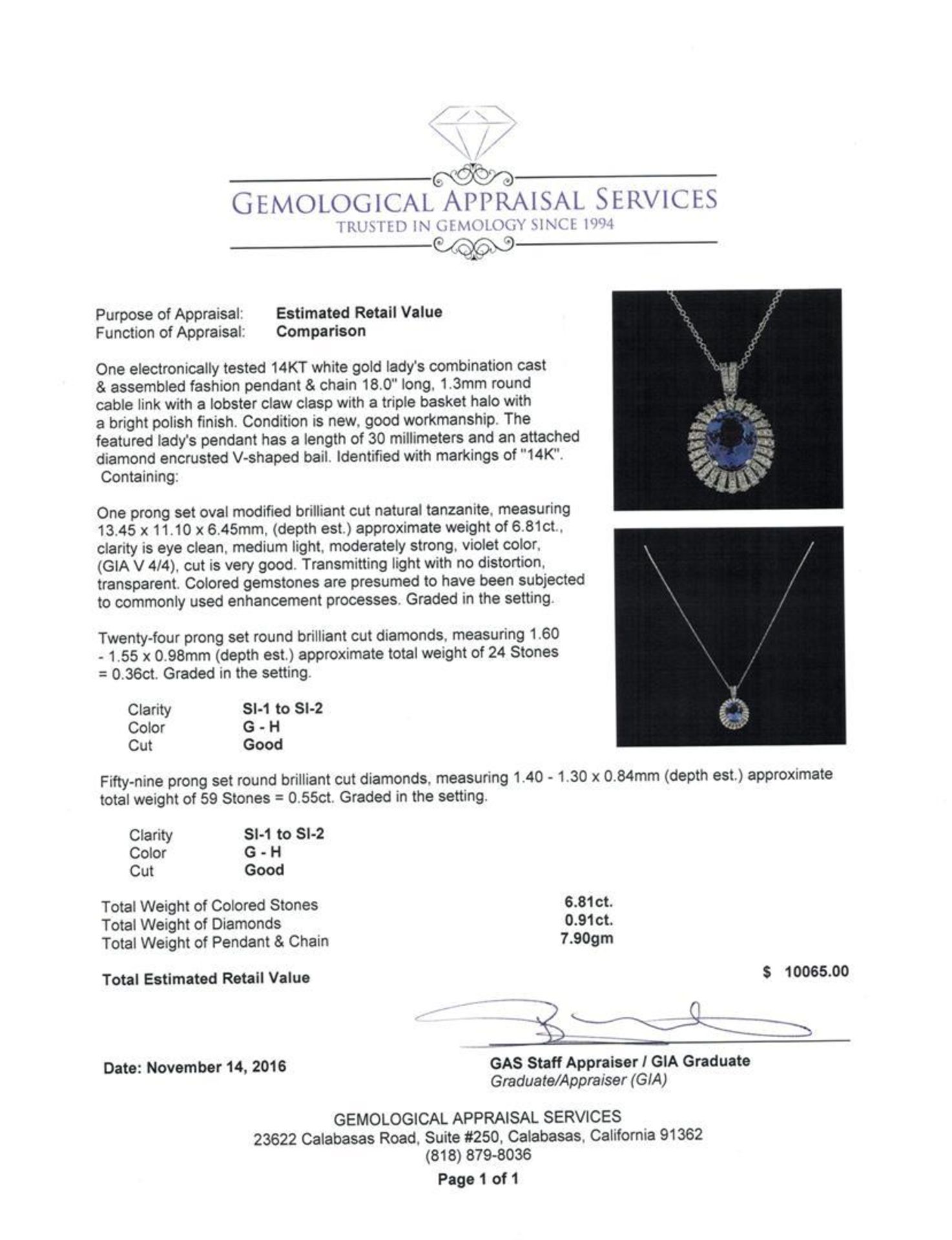 6.81 ctw Tanzanite and Diamond Pendant With Chain - 14KT White Gold - Image 3 of 3