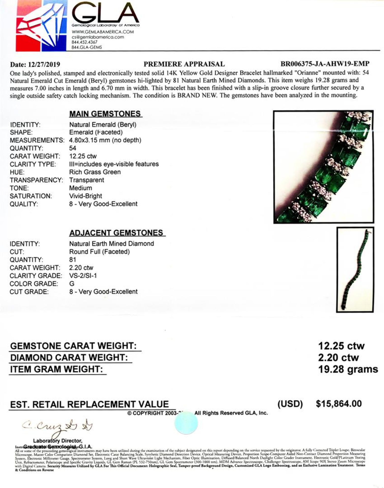 12.25ctw Emerald and 2.20ctw Diamond 14K Yellow Gold Bracelet - Image 4 of 4