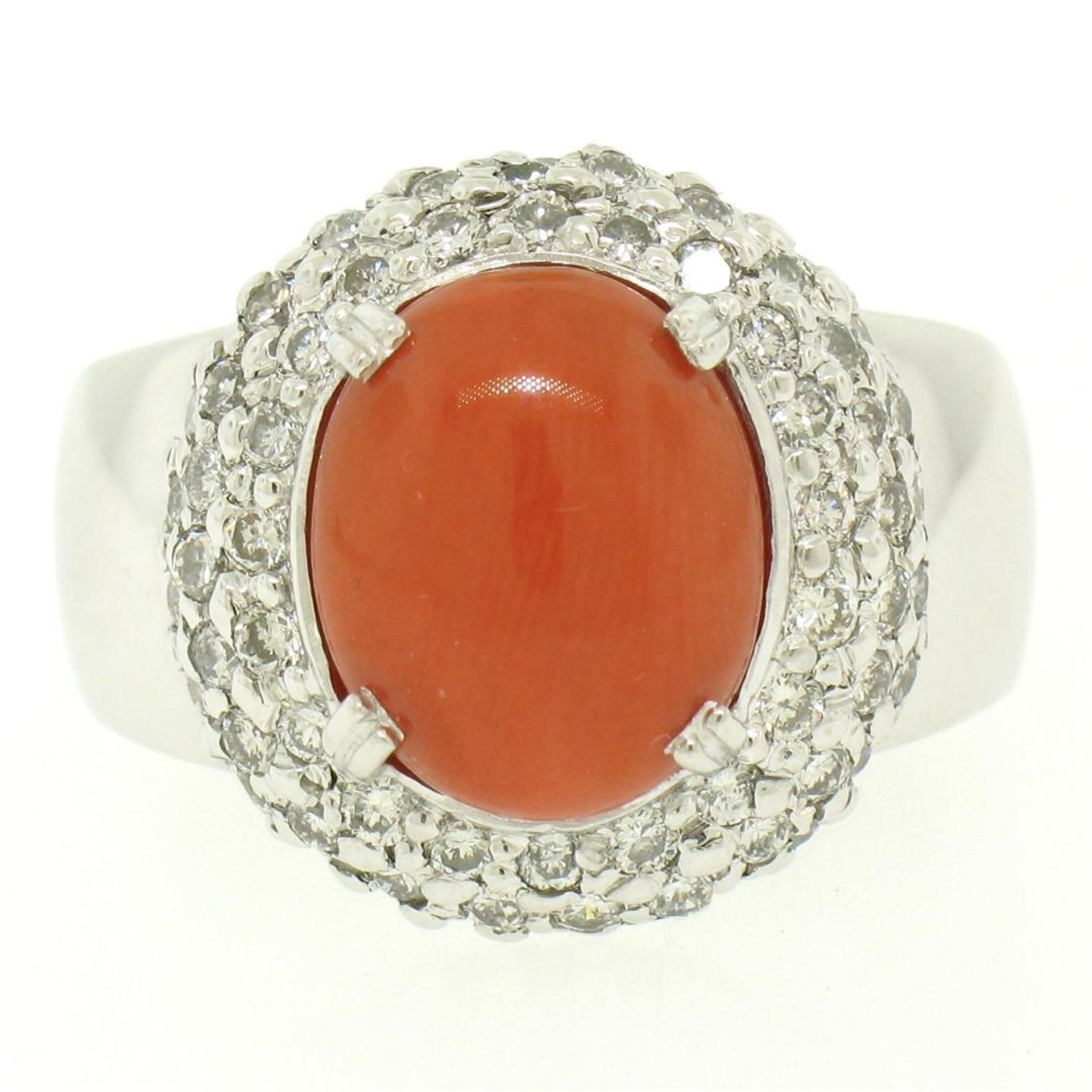 14kt White Gold Oval Cabochon Red Coral Ring w/ 2.10ctw Diamond Halo