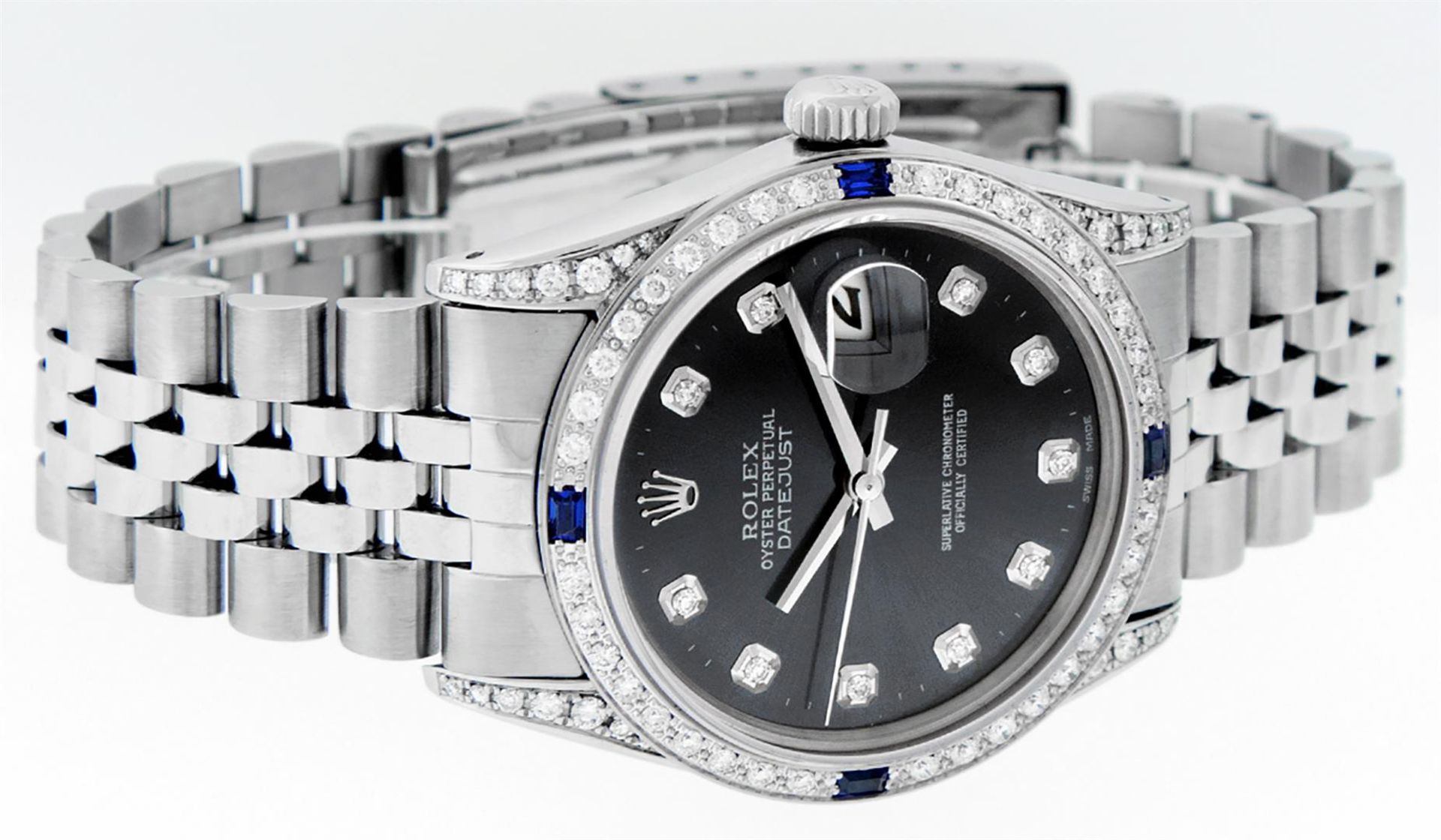 Rolex Mens Stainless Steel Diamond Lugs Black Diamond & Sapphire Datejust Wristw - Image 4 of 9