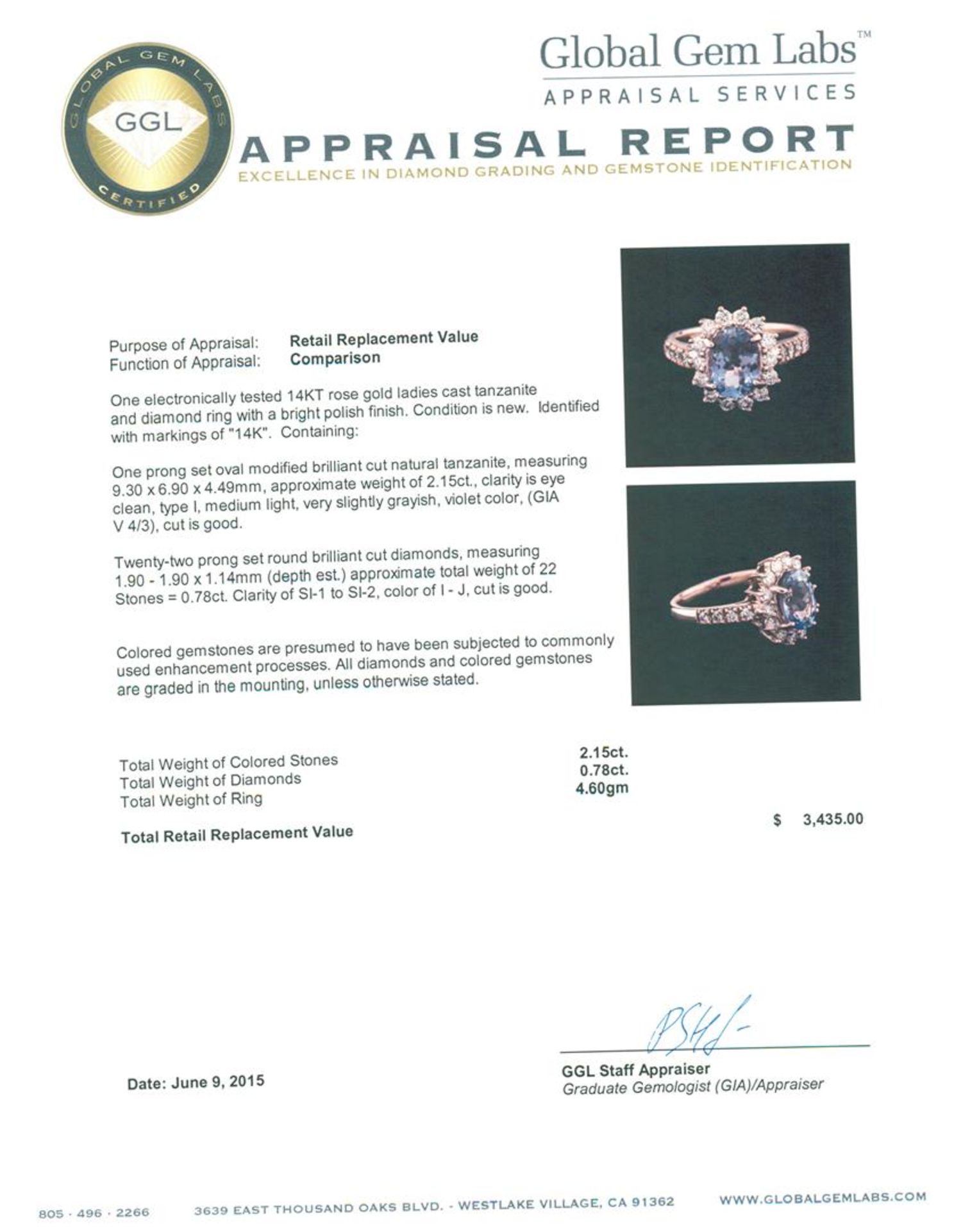 14KT Rose Gold 2.15 ctw Tanzanite and Diamond Ring - Image 3 of 3