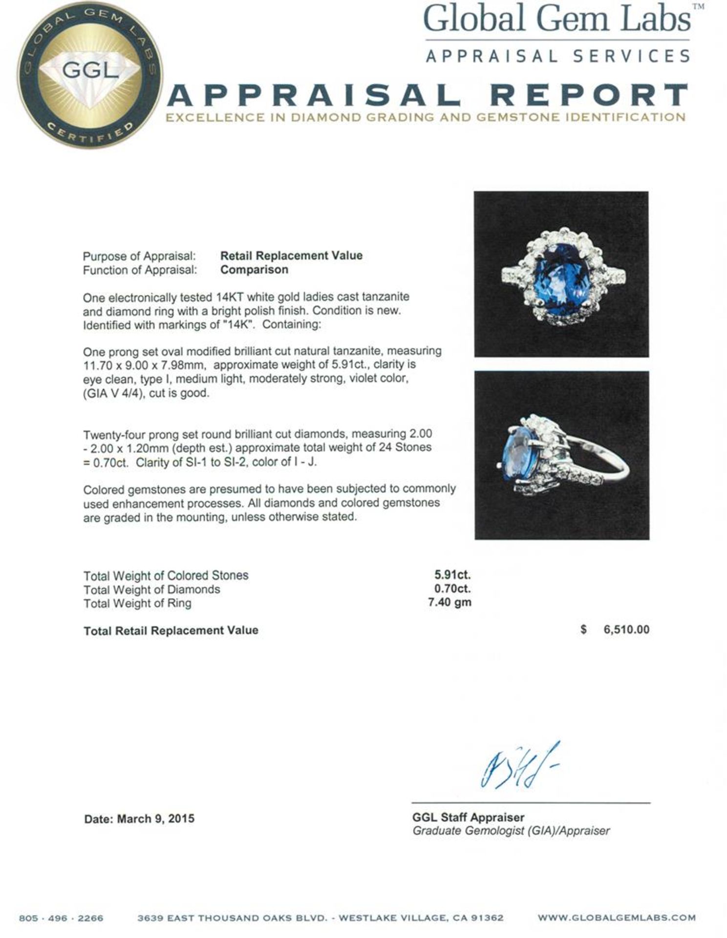 14KT White Gold 5.91 ctw Tanzanite and Diamond Ring - Image 4 of 4