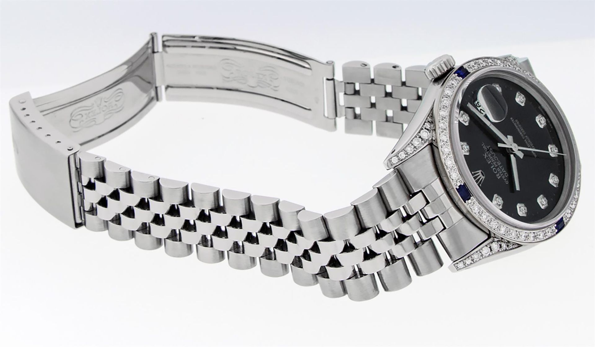 Rolex Mens Stainless Steel Diamond Lugs Black Diamond & Sapphire Datejust Wristw - Image 7 of 9