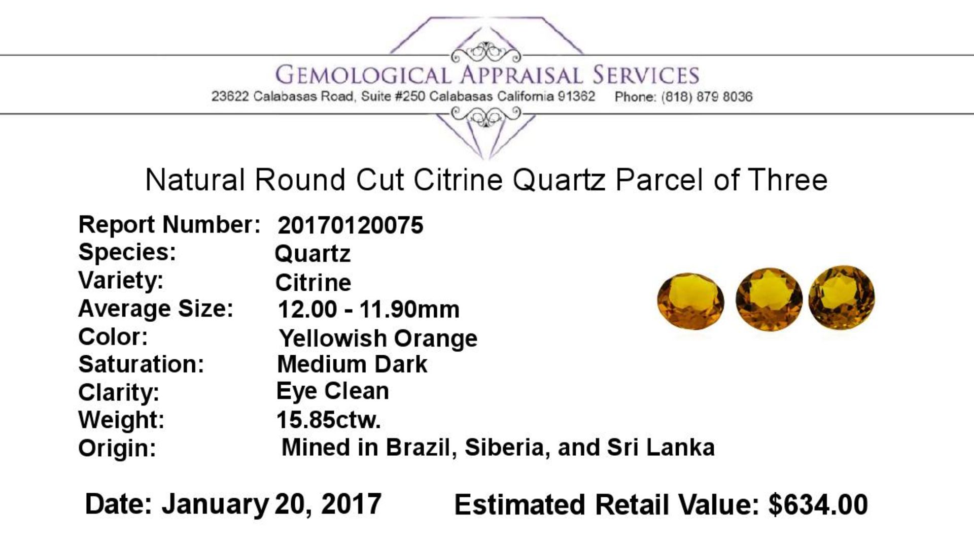 15.85ctw.Natural Round Cut Citrine Quartz Parcel of Three - Image 3 of 3