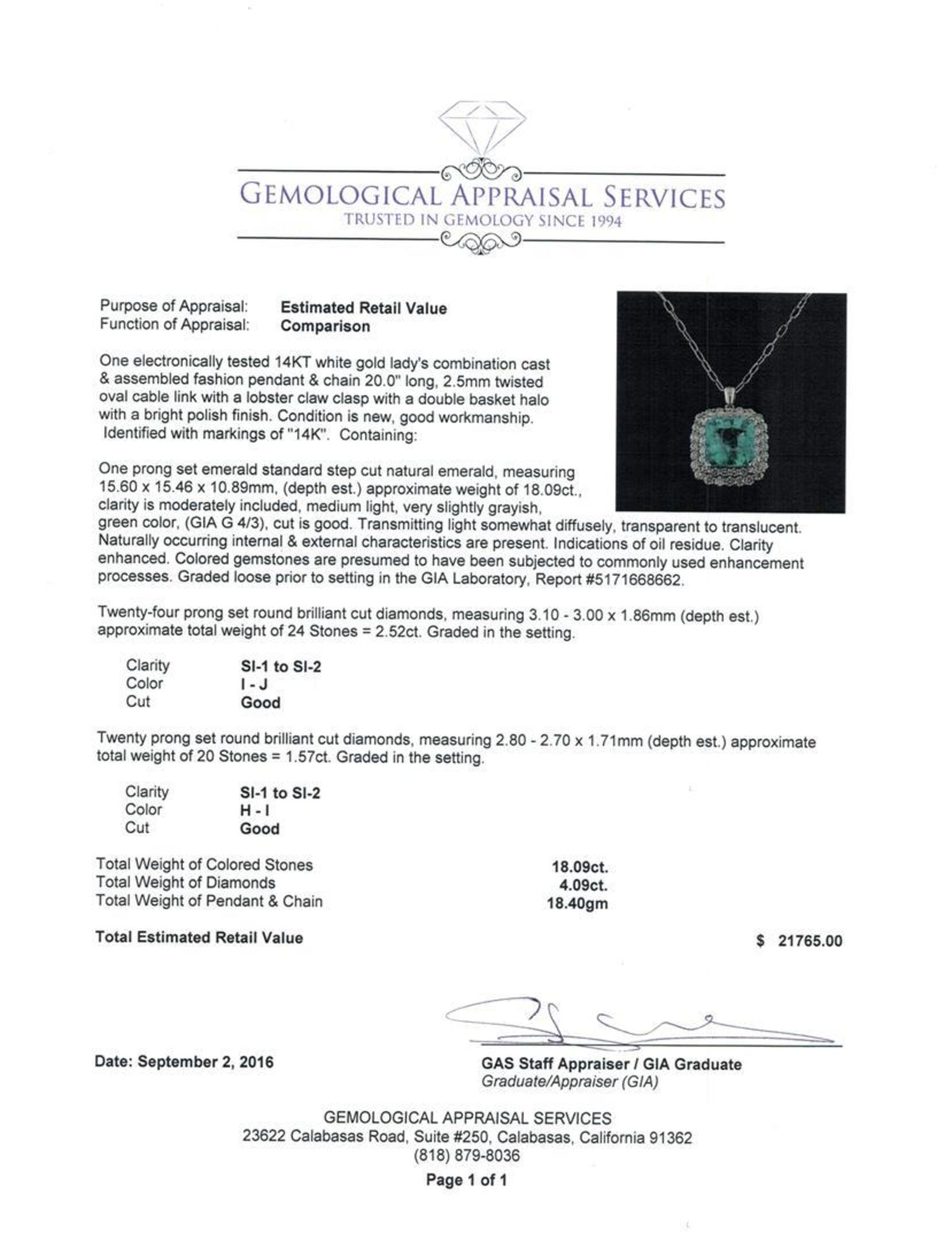 18.09 ctw Emerald and Diamond Pendant With Chain - 14KT White Gold - Image 3 of 4