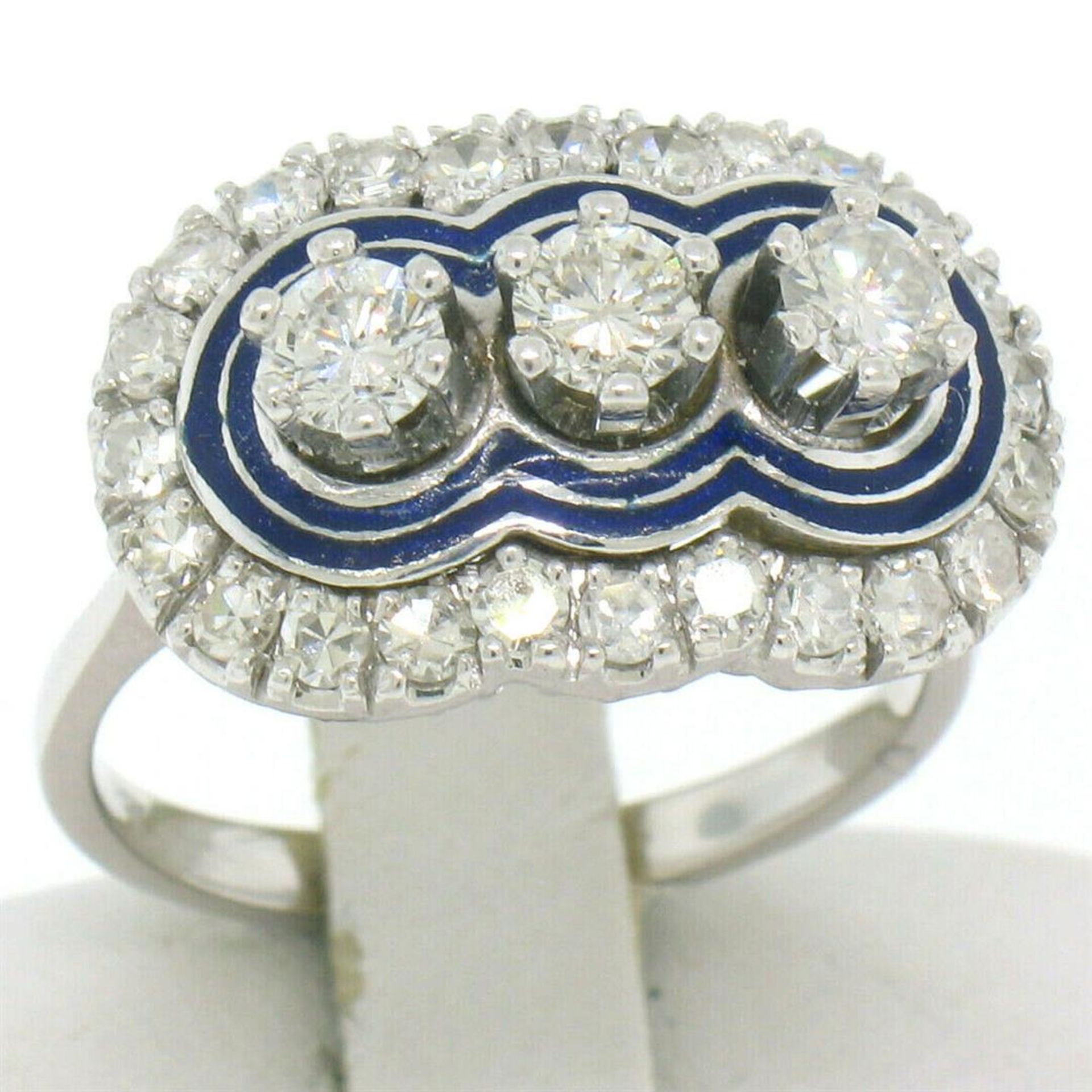 Vintage 18kt White Gold and Blue Enamel 1.15ctw Diamond Ring