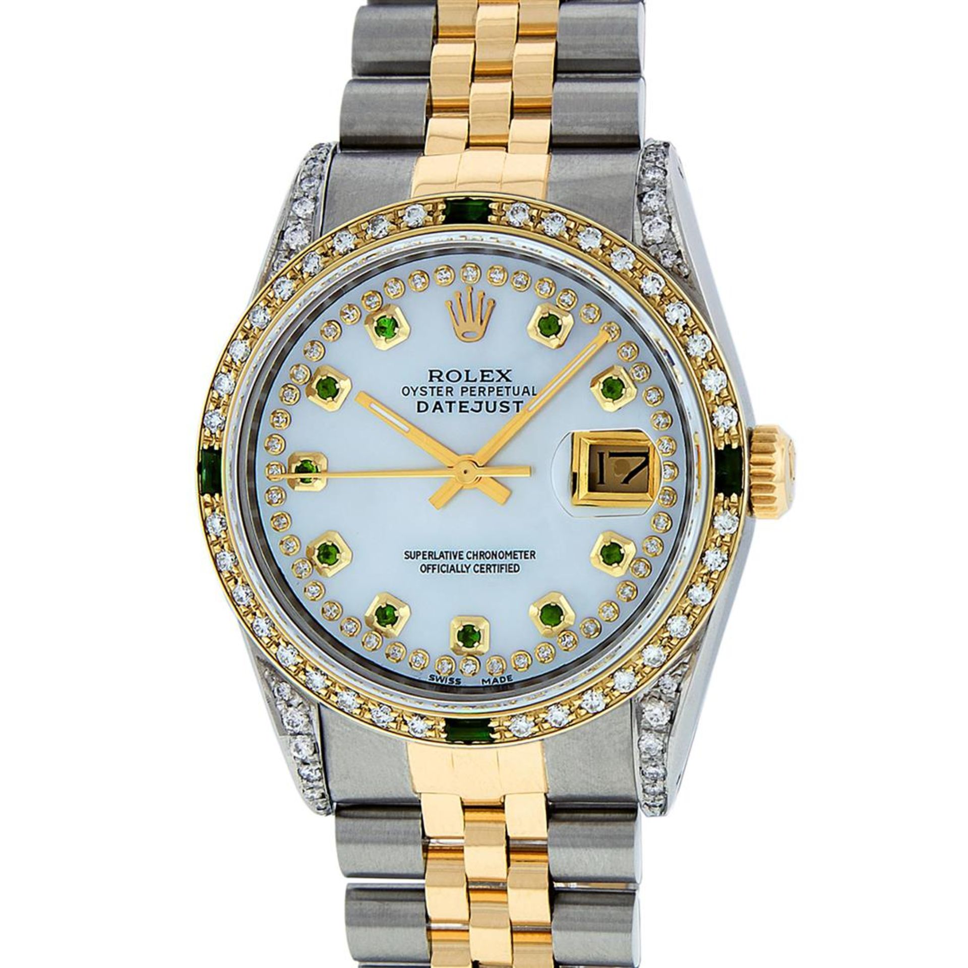 Rolex Mens 2 Tone Lugs MOP Emerald & Diamond 36MM Datejust - Image 2 of 9