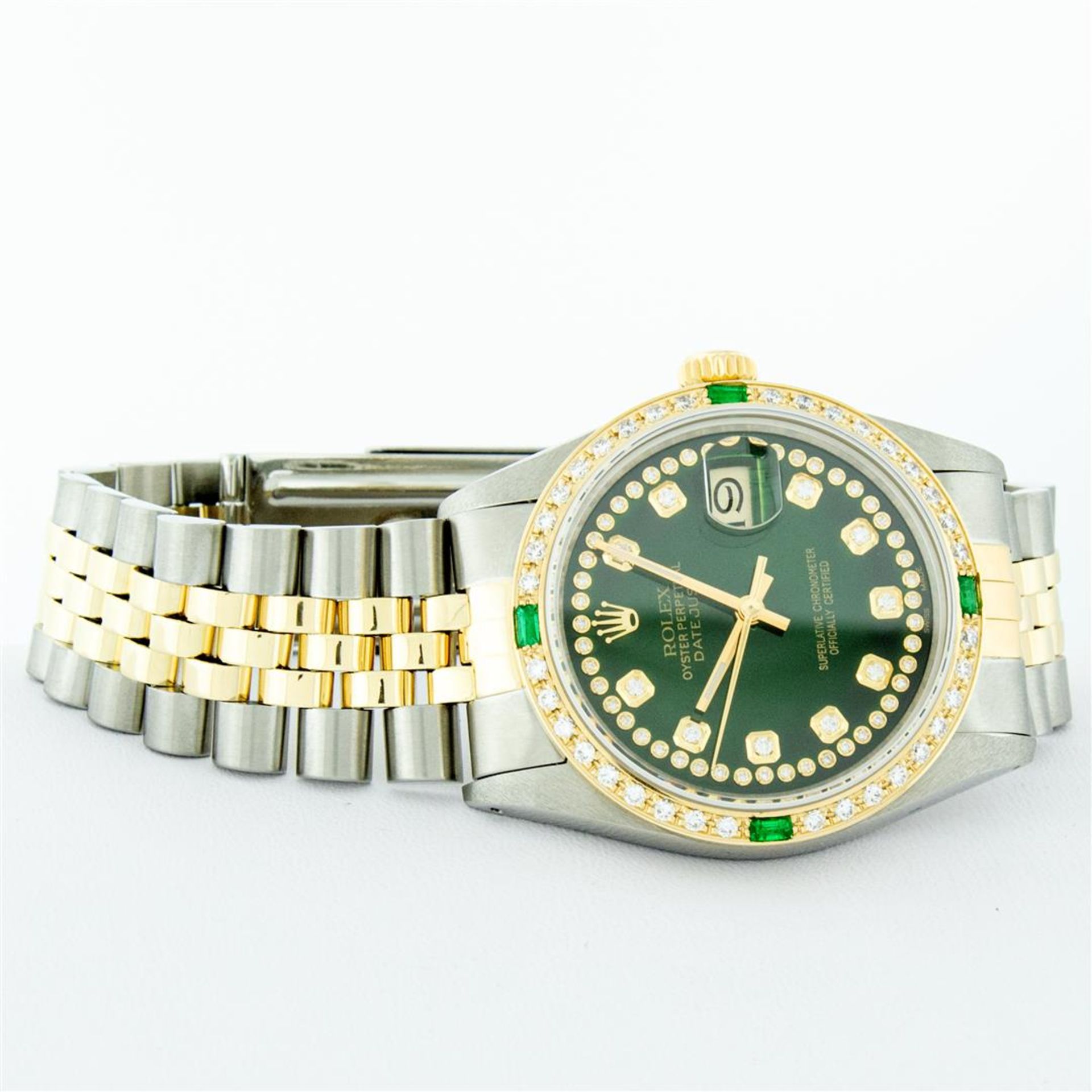 Rolex Mens 2 Tone Green String Diamond & Emerald Datejust Wristwatch - Image 4 of 9
